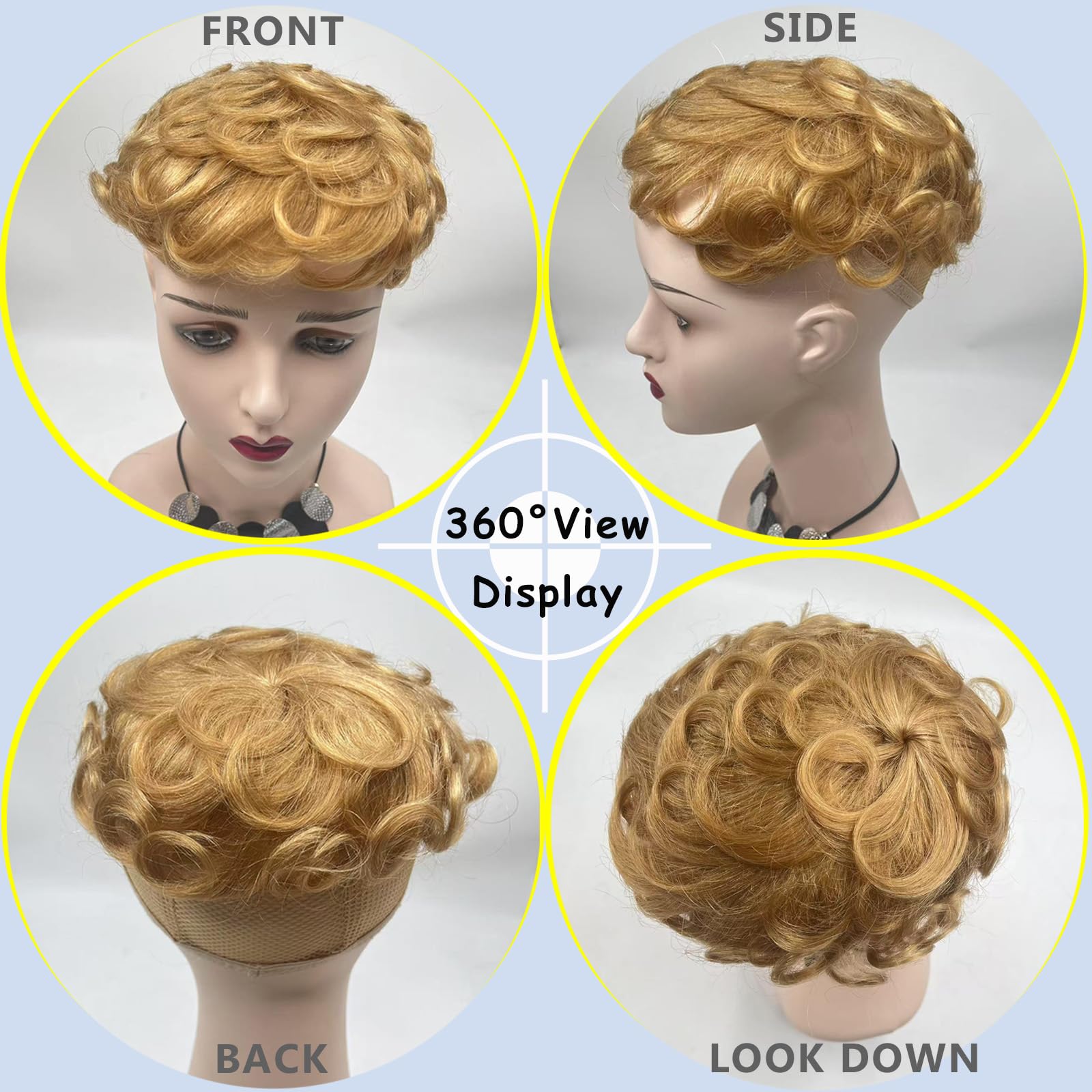 EREEHAIR Treski w 100% z ludzkich włosów z grzywką dla kobiet, 15 cm, krótkie, kręcone, tupecik, klips, falowane, kręcone, treska, duża podstawa, 13 x 14 cm, pełne pokrycie 360°, nr blond