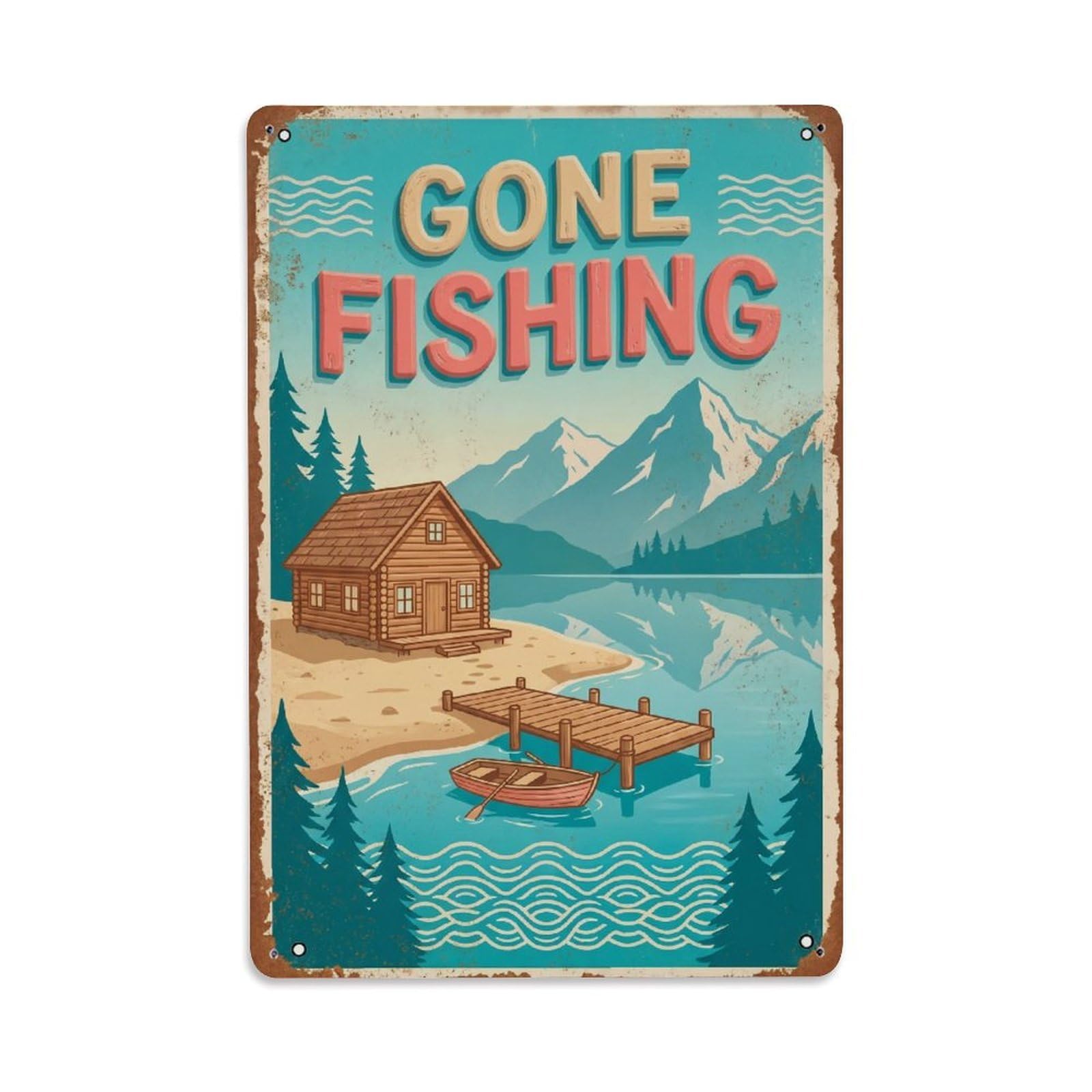 Gone Fishing Lake Cabin 2 Vintage Metal Tin Sign Plaque Wall Decor for Cafe, Club, Garden Metal Poster 8x12Inch