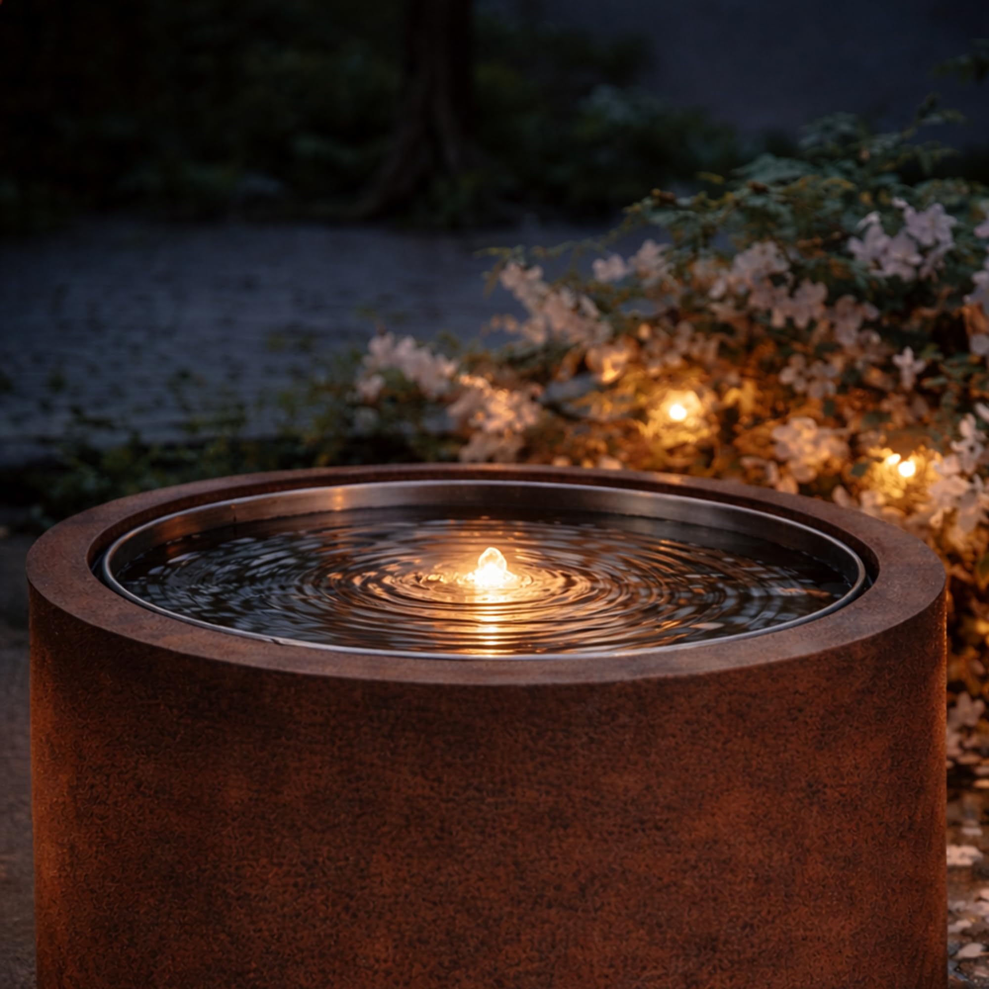 KÖHKO® Design-Gartenbrunnen ORBIS rund aus Cortenstahl mit LED –Modernes Wasserspiel für Garten & Terrasse