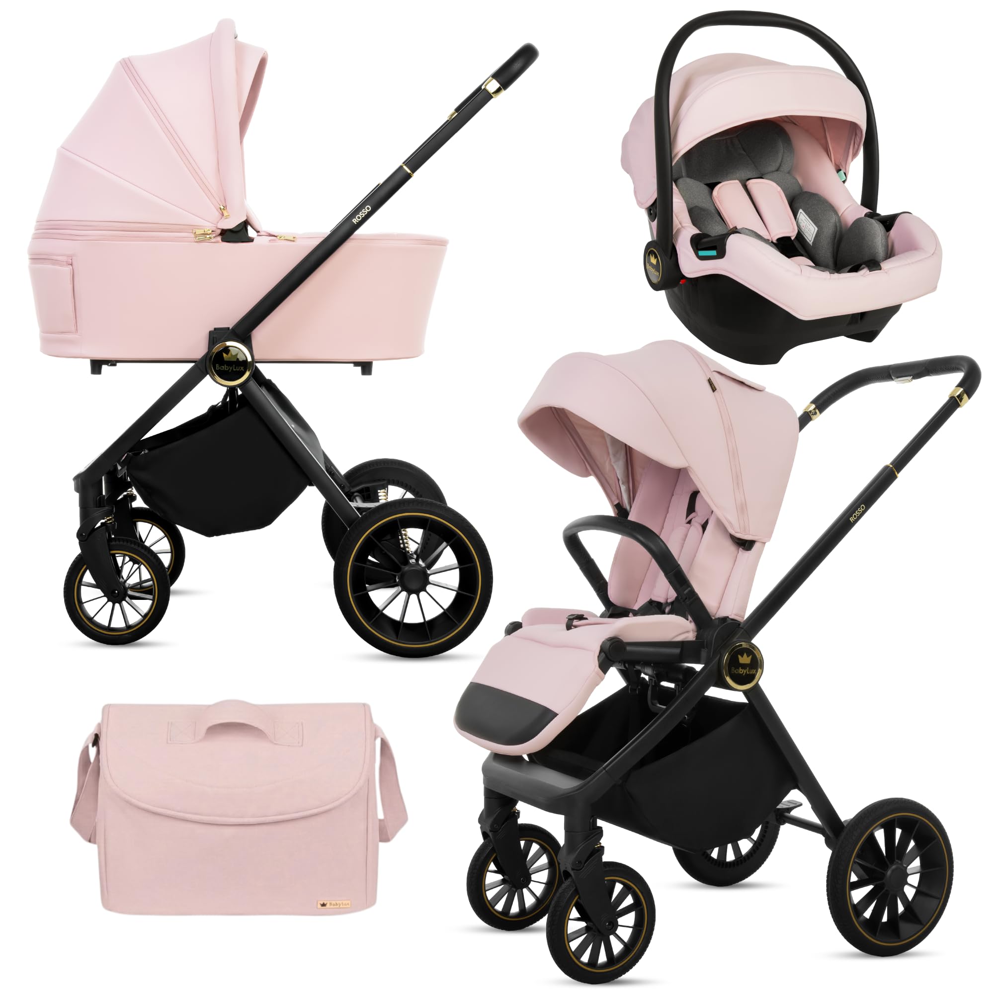 BabyLux® Kinderwagen 3in1 Set ROSSO, Faltbar Leicht Kombikinderwagen Set incl. Babywanne, Buggy Sportsitz, Babyschale i-Size, Wickeltasche und mehr Zubehör, 4 Liegepositionen, 0-22kg, UV Schutz 50+