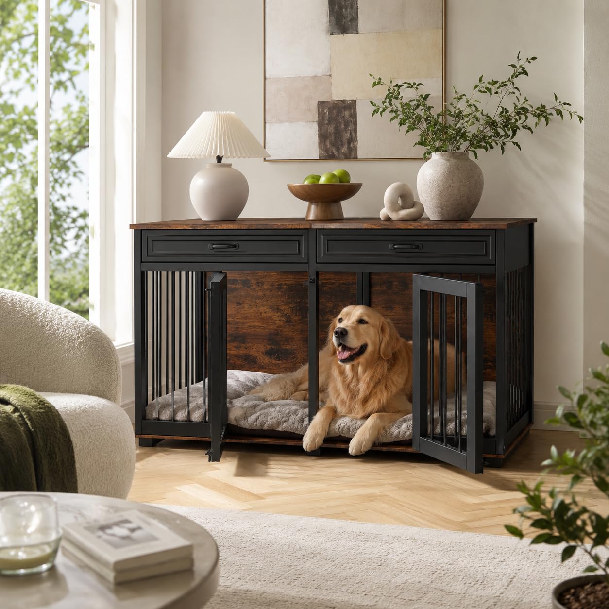 Hundekäfig Schrank XXL, Hundekäfig mit 2 Schubladen und 2 Türen, Hundebox für Zuhause Große/Mittlere Hunde,Beistelltisch, Hundehütte Indoor, Hundehaus für Zuhause, Schwarz, 164 x 60 x 80 cm, Eisen
