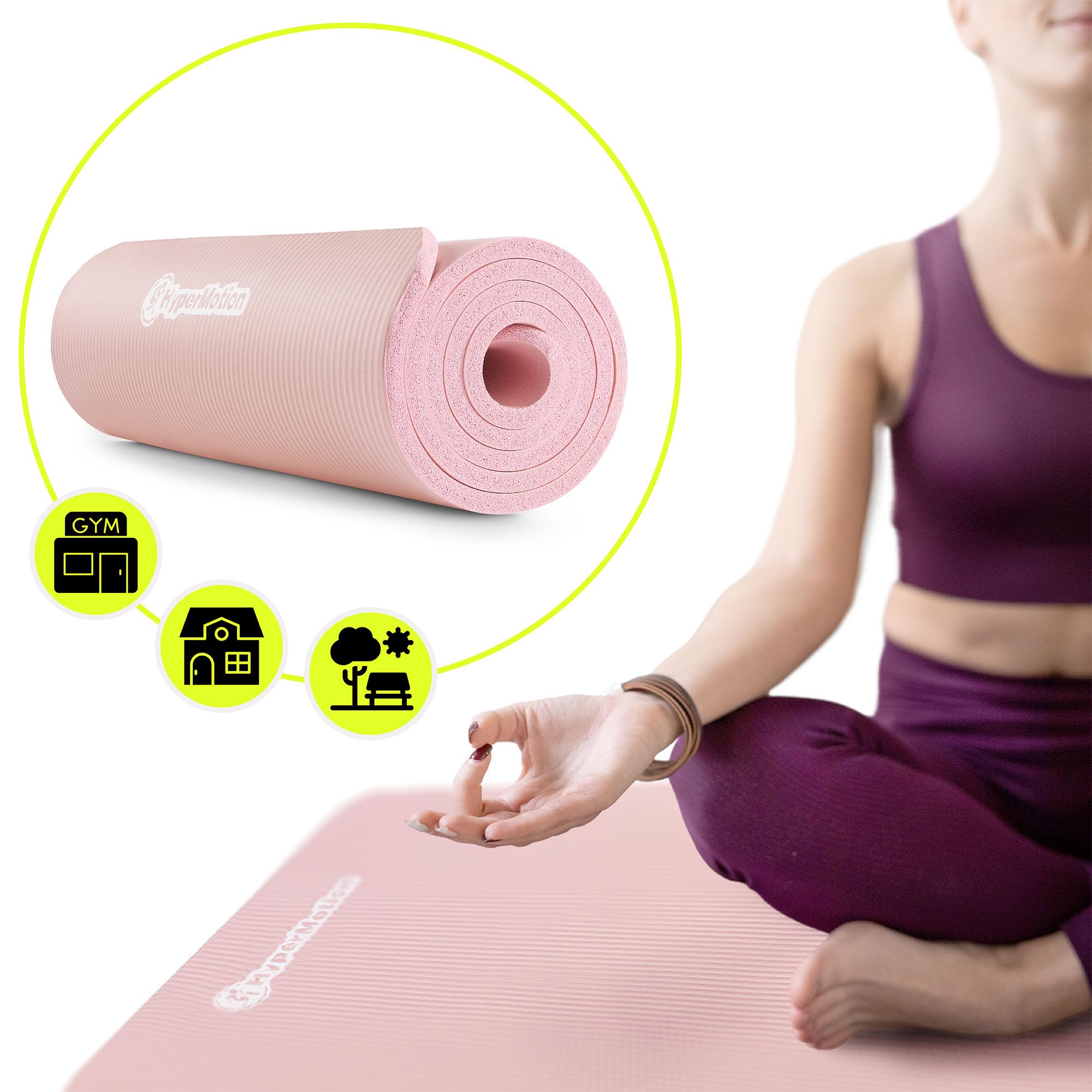 HyperMotion Tapis de Yoga NBR 183x61 cm (Épaisseur 0,8 cm et 1,5 cm) Antidérapant, avec Sangle de Transport et d’Étirement, Tapis Fitness pour Pilates et Relaxation
