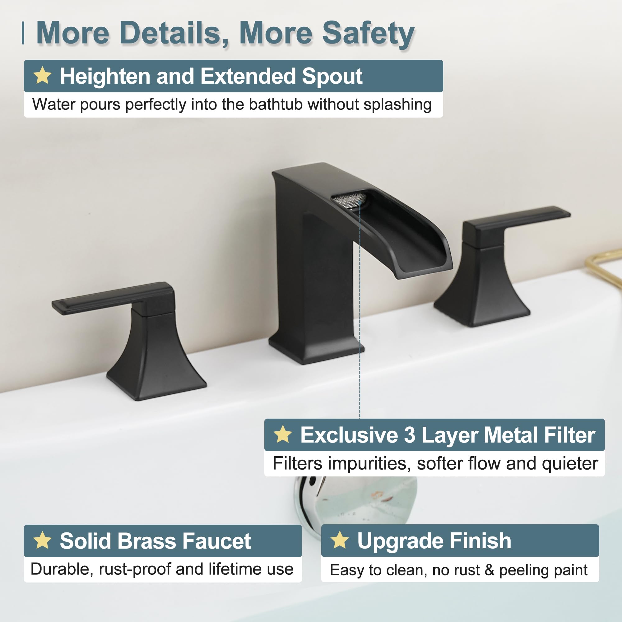 HEYMYTAP Black High Flow Bath Tub Faucet Set 3 Hole, Brass Deck Mount Roman Bathtub Faucet, 2 Handle & Longer Spout Reach With No Leaks Cartridge, Pre- Install 1/2" NPT Female Water Supply