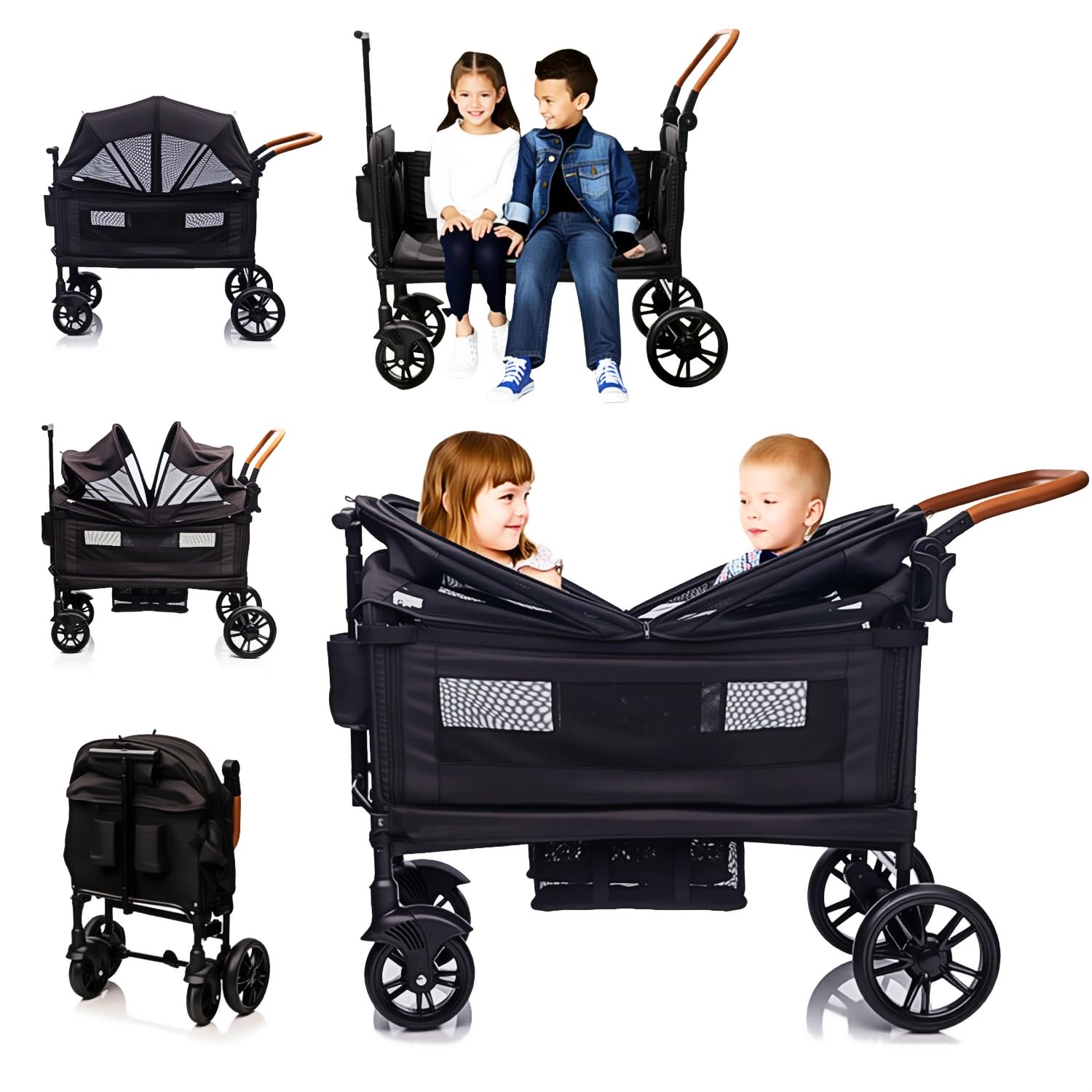 Wagon Stroller for 2 Kids & Cargo-Travel Stroller Push-Pull Double Wagon Lightweight Folding Stroller for Newborn&Toddler with 5-Point Harness,Adjustable Handle Bar and Canopy,Tray Table,Cup Holder Black
