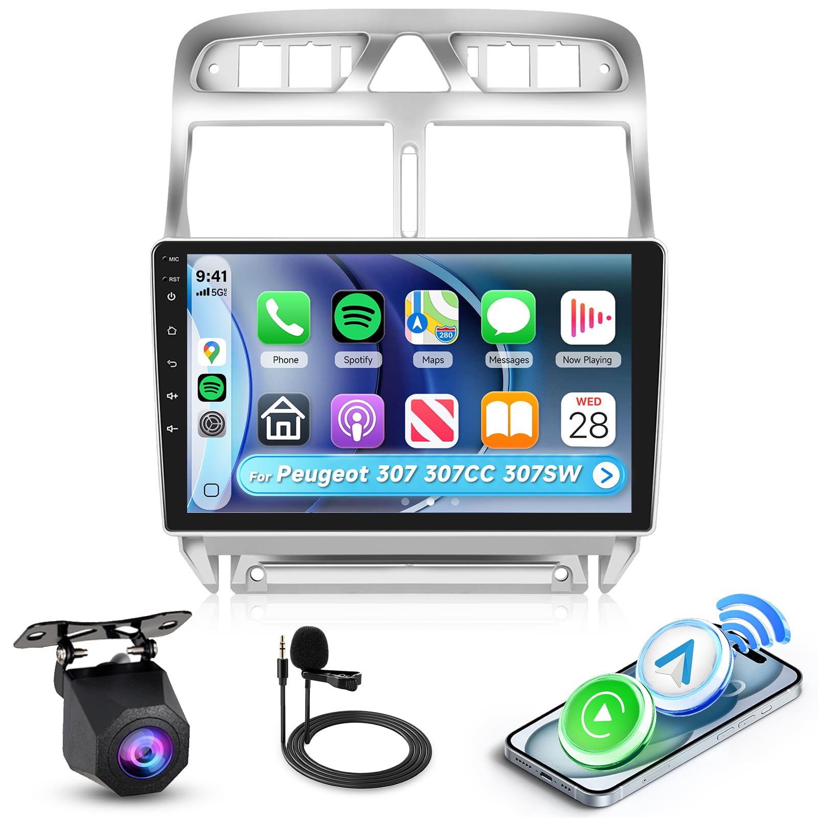 Hodozzy Radio 2 DIN para Peugeot 307 307CC 307SW 2002-2013 con Wireless CarPlay Android Auto, Pantalla Táctil IPS de 9 Pulgadas Radio con Bluetooth, DSP, FM/RDS, USB, SWC y Retroiluminación Color