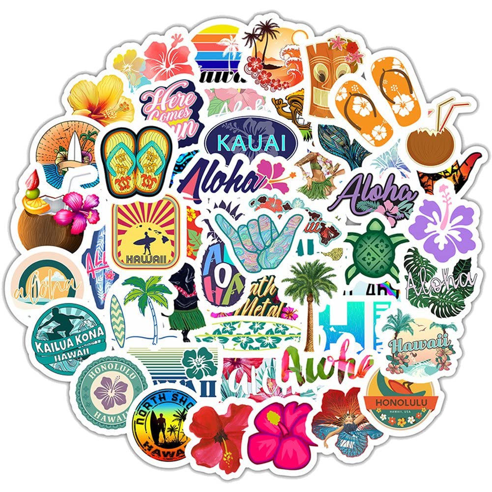 Casiler Style 1 50Pcs Hawaii Scrapbook Sticker Cartoon Tropical Beach Sticker Summer Laptop Skateboard Luggage Helmet Stickers