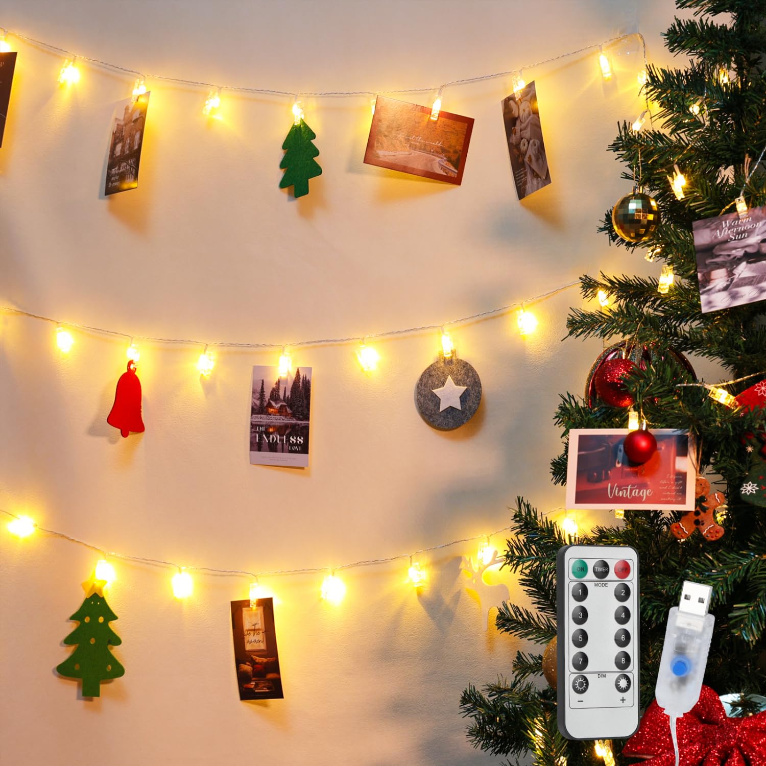 Aigostar 3M 20LED Clip Cadena de Luces con 20 Pinzas para Colgar Fotos, Guirnaldas de Luces con Control Remoto, Fotoclips Guirnalda de Decoración para Navidad, Habitaciones, Bodas (Blanco Cálido)