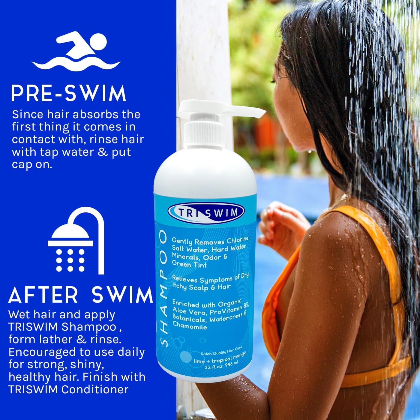 TRISWIM Chlorine Removal Shampoo 32oz | Removes Chlorine, Bromine, Hard Water Minerals & Saltwater | Hydrates & Restores Hair | Safe for Color-Treated Hair | Lime + Tropical Mango Scent - Image 2