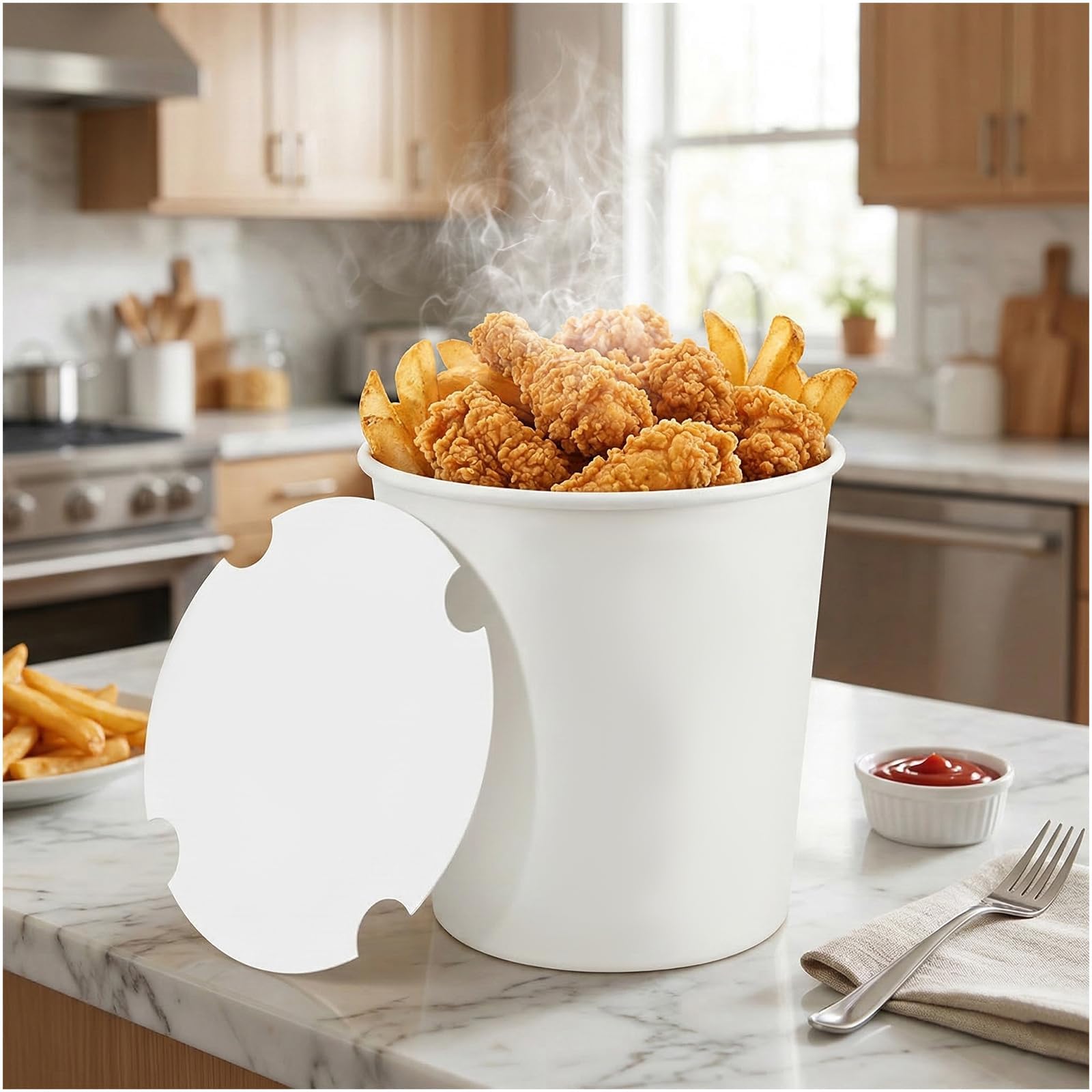 ARQRHTLY 50 secchi usa e getta per popcorn da 2,409,7 g, con coperchi di carta, grandi contenitori bianchi vuoti per popcorn, cibo, snack, feste, serate cinematografiche, carnevale, artigianato fai da