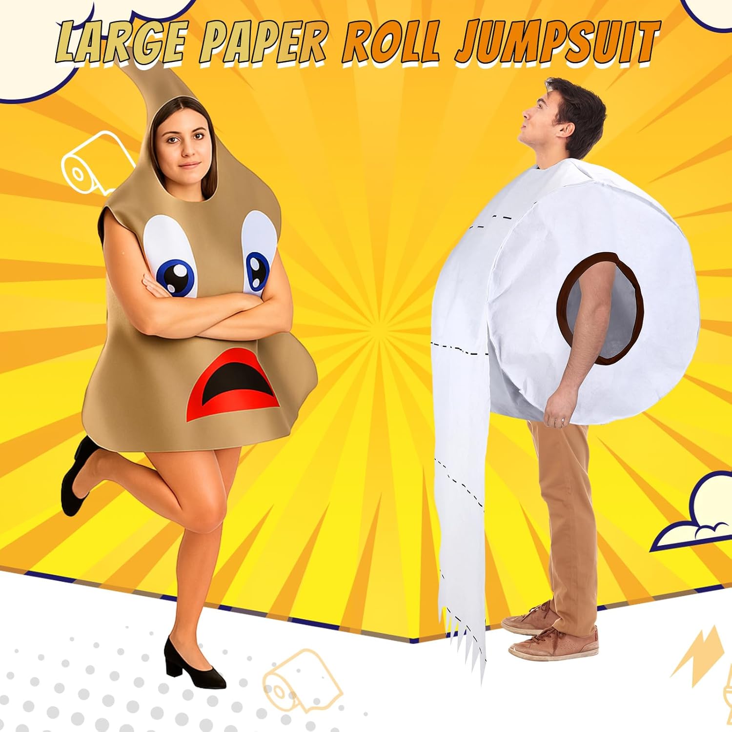 Newcotte 2 Pcs Halloween Poop and Toilet Paper Couples Costume Large Poop Emoticon Costume Giant Toilet Paper Roll Hilarious Cos for Women Men One Size Fit Halloween Party Clothes for Adults - Image 2