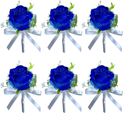 EWIASI Boutonniere de rosa azul marino para hombre, juego de 6, flores de boda para novio y padrino, flores de boda con alfileres para boda,