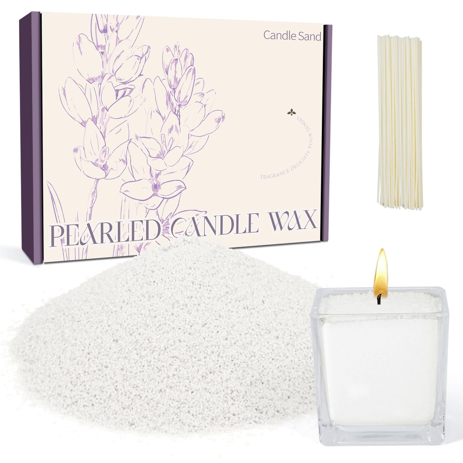 Scent-Hi Pearled Candle and Wicks, Refillable Candle Sand with Candle Wicks, Sand Powder for Powder Candle Diwali Gifts(White) (725g)