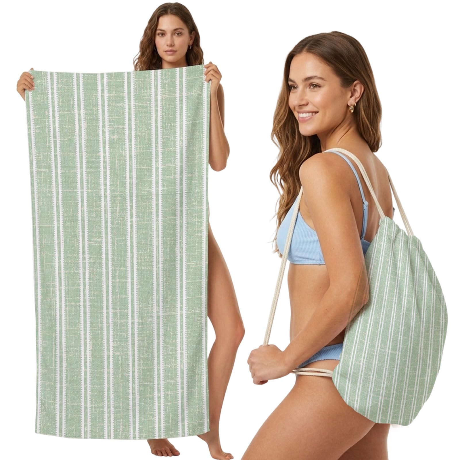 Beach Towel Bag 2 in 1 Green Linen Striped Bath Pool Towels Backpack Vertical Stripes Lines Absorbent Beach Towel Soft Quick Dry Lightweight Packable Towels Drawstring Bag for Travel Sports Yoga