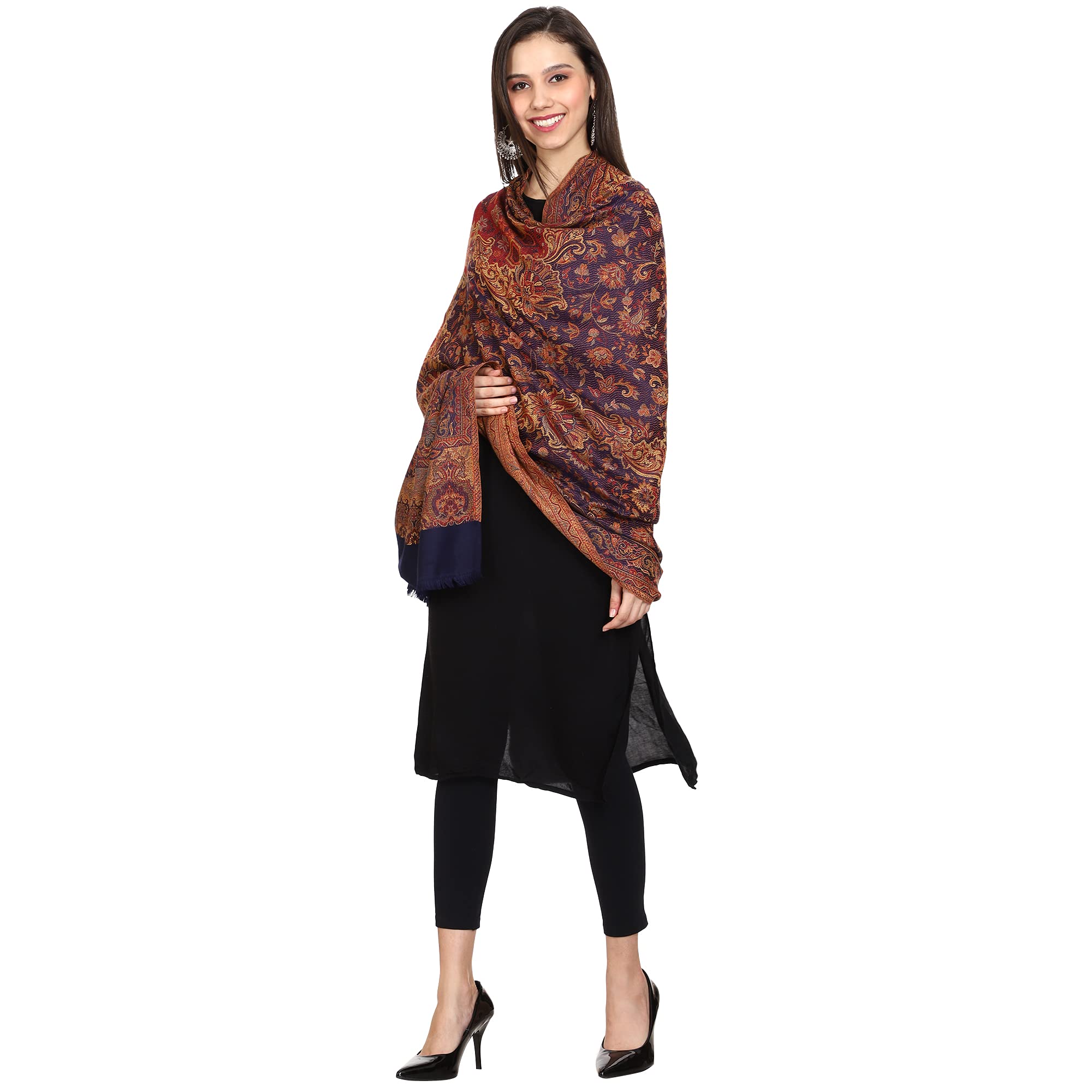 SWI STYLISH Women’s Kashmiri Jamawar Inspired Shawl – Warm Silky Soft Polyester Winter Wrap (100x200 cm) Large Designer Shawl for Ladies (Navy Blue) 3
