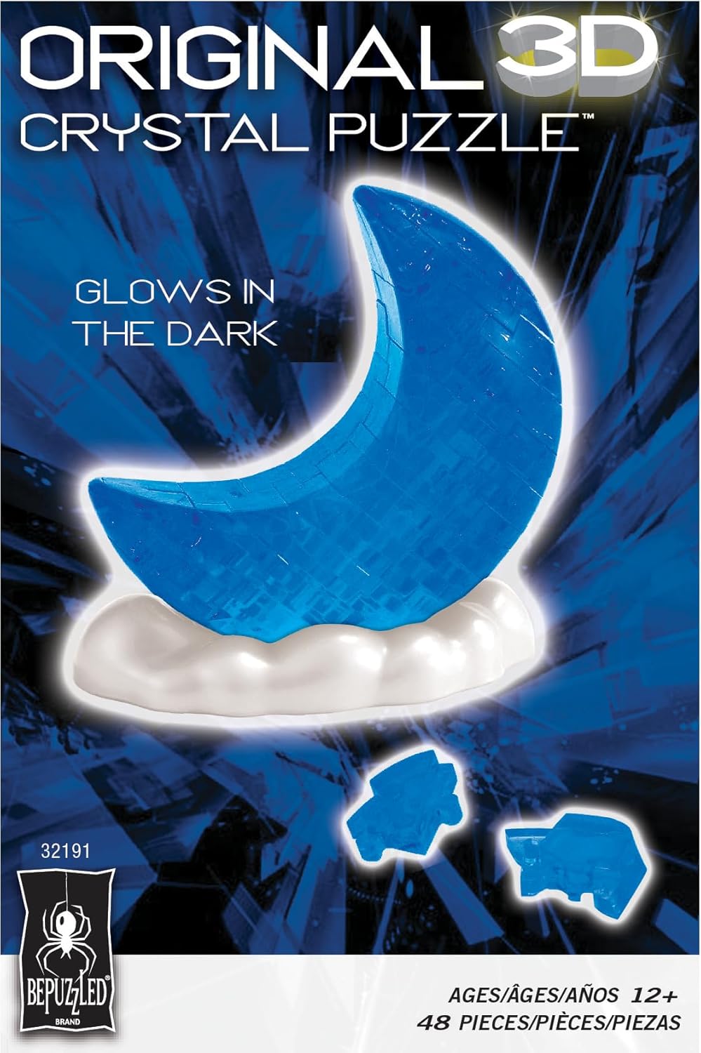 BePuzzled Glowing Moon 3D Crystal Puzzle – Glow in the Dark Interlocking Brain Teaser for Teens & Adults Ages 12+, Challenging 3D Jigsaw Display Puzzle