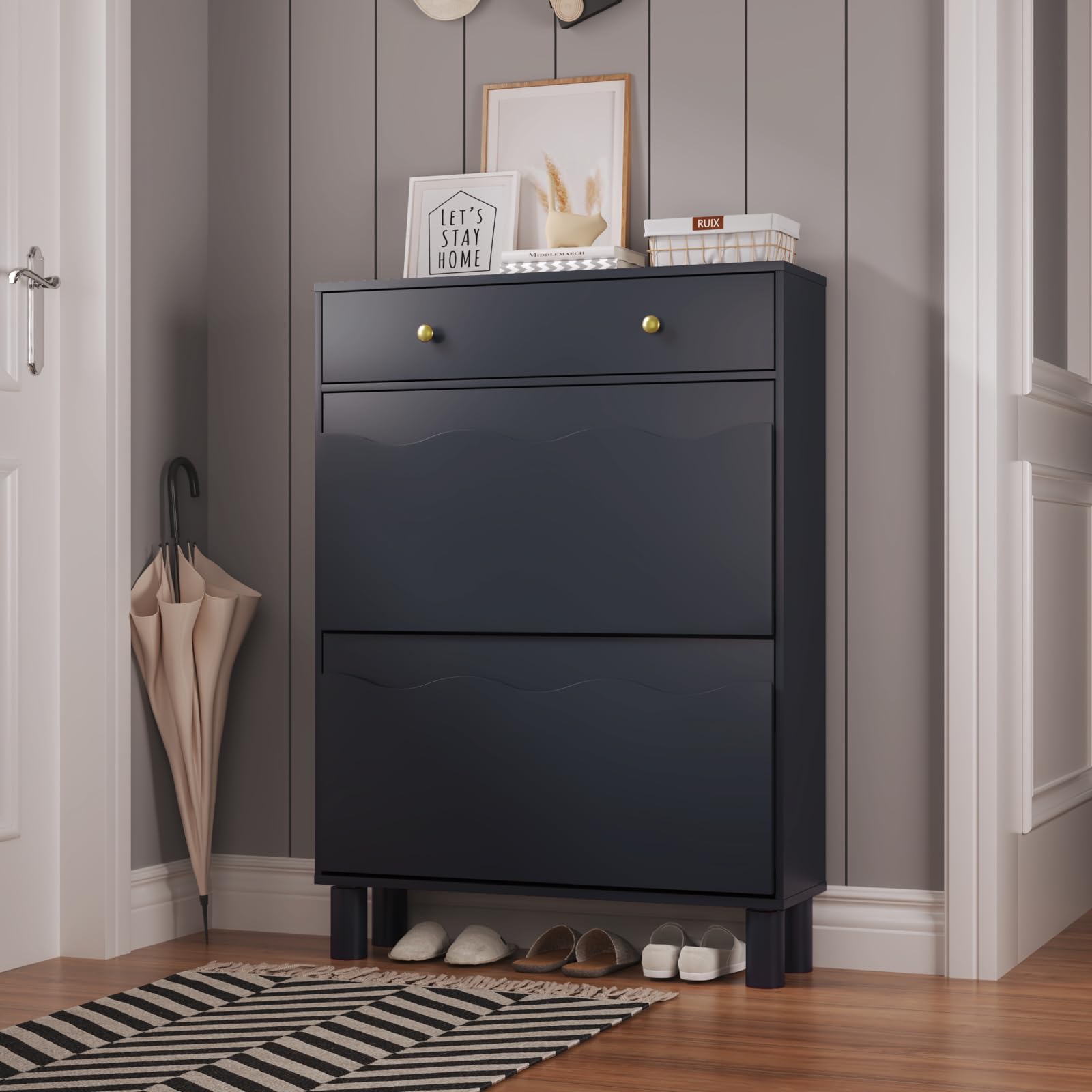KEEPREAPER Blue Shoe Cabinet Storage for Entryway Hallway, Freestanding Shoe Cabinet Organizer with 2 Flip & 1 Pull-Out Drawers, 4 Soild Wood Legs, Modern Shoe Rack Cabinet for Front Door Entrance