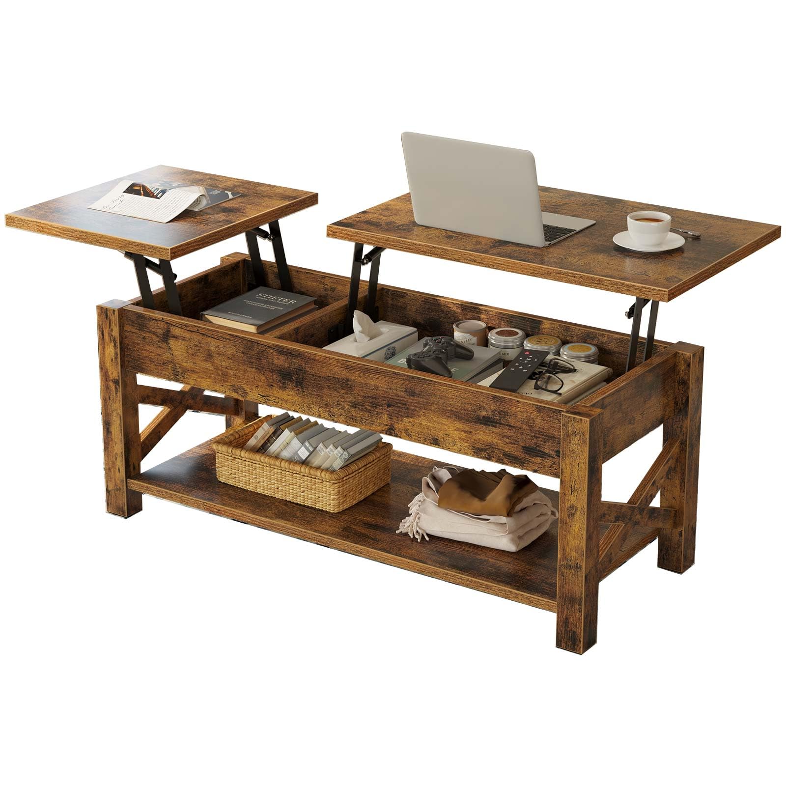Rolanstar Coffee Table 47.2", 2 Way Lift Top Coffee Table with Hidden Compartment, Lift Top Coffee Table with Open Shelf & X Wooden Support, Center Table for Living Room, Rustic Brown