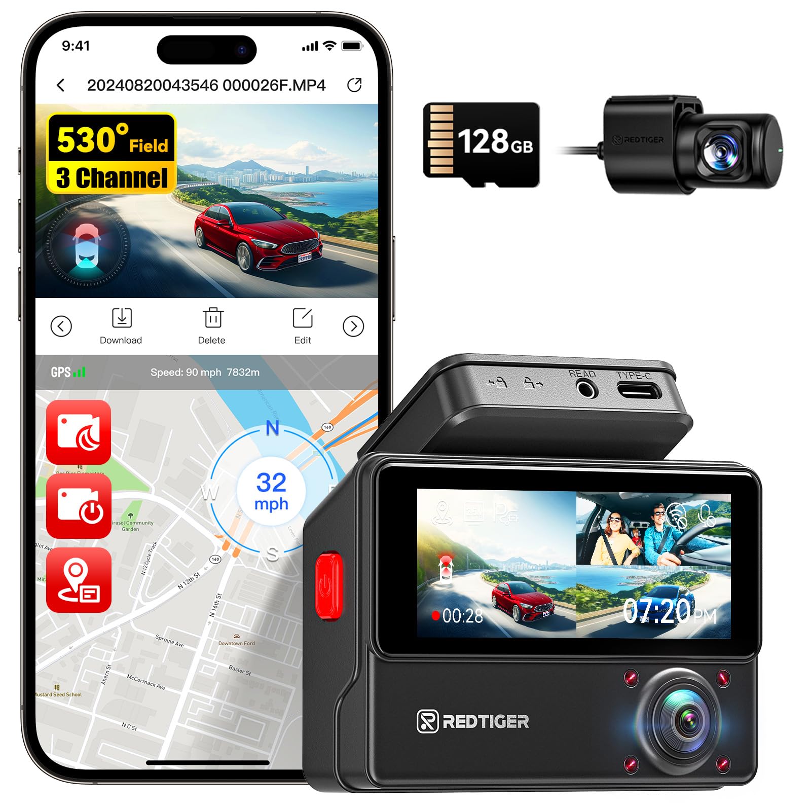 REDTIGER VP20 530° 3 Channel Dash Cam Front Rear and Inside, 2.5K+2.5K+1080P Car Camera, Built-in WiFi GPS, IR Night View, 3.18" Touchscreen, Parking Mode, 128GB Card Included, Up to 512GB Supported-image-44