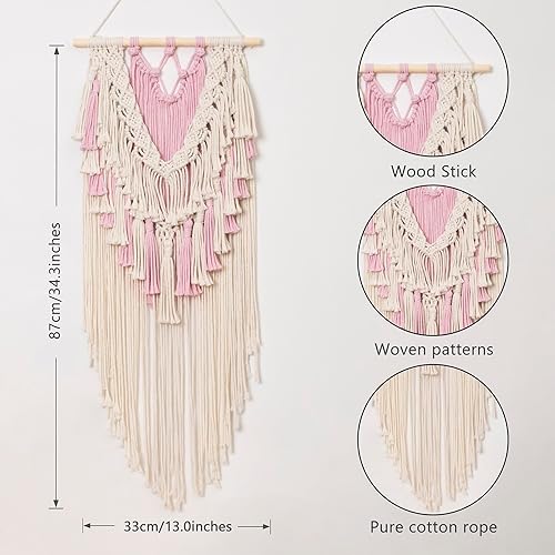 Miniatura 3 de LB Tapiz tejido de macramé rosa para colgar en la pared, tapiz tejido bohemio, hojas de borlas blancas y rosas, decoración de pared bohemia elegante