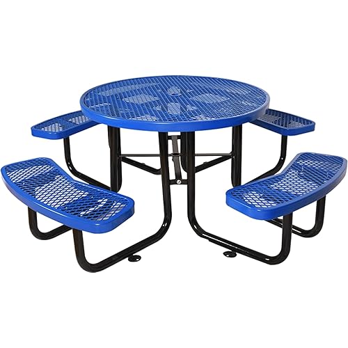 HONHPD 46" Expanded Metal Picnic Table with Umbrella Hole, Round Picnic Table for Outdoor, Heavy Duty Sturdy Commercial Picnic Tables for Garden Courtyard - Blue