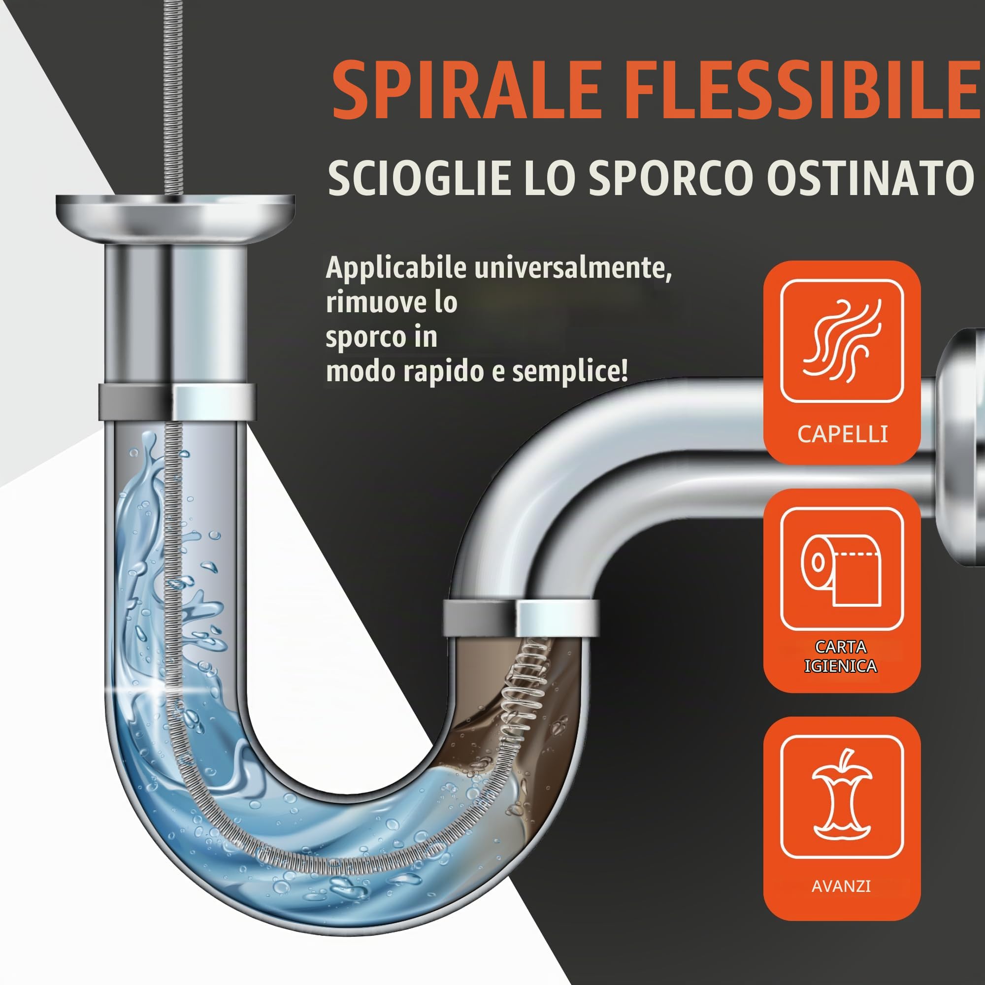 Spirale per la pulizia dei tubi, 7,5 m, con attacco trapano, ideale per la pulizia ecologica dei tubi, in acciaio inox, con guanti e spazzola per la pulizia