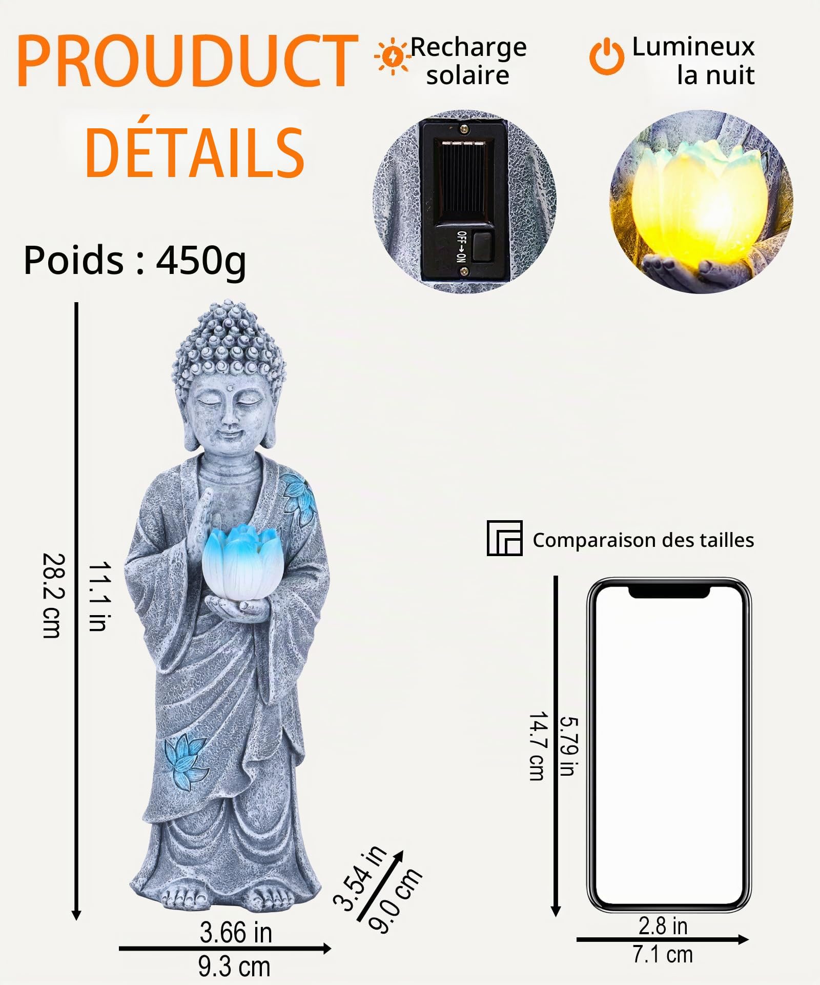 Goodeco Statue de Bouddha solaire avec lumières de lotus bleues – Décoration de jardin zen debout pour terrasse, cour, balcon, décoration de jardin – Cadeaux pour homme et femme – Gris méditation