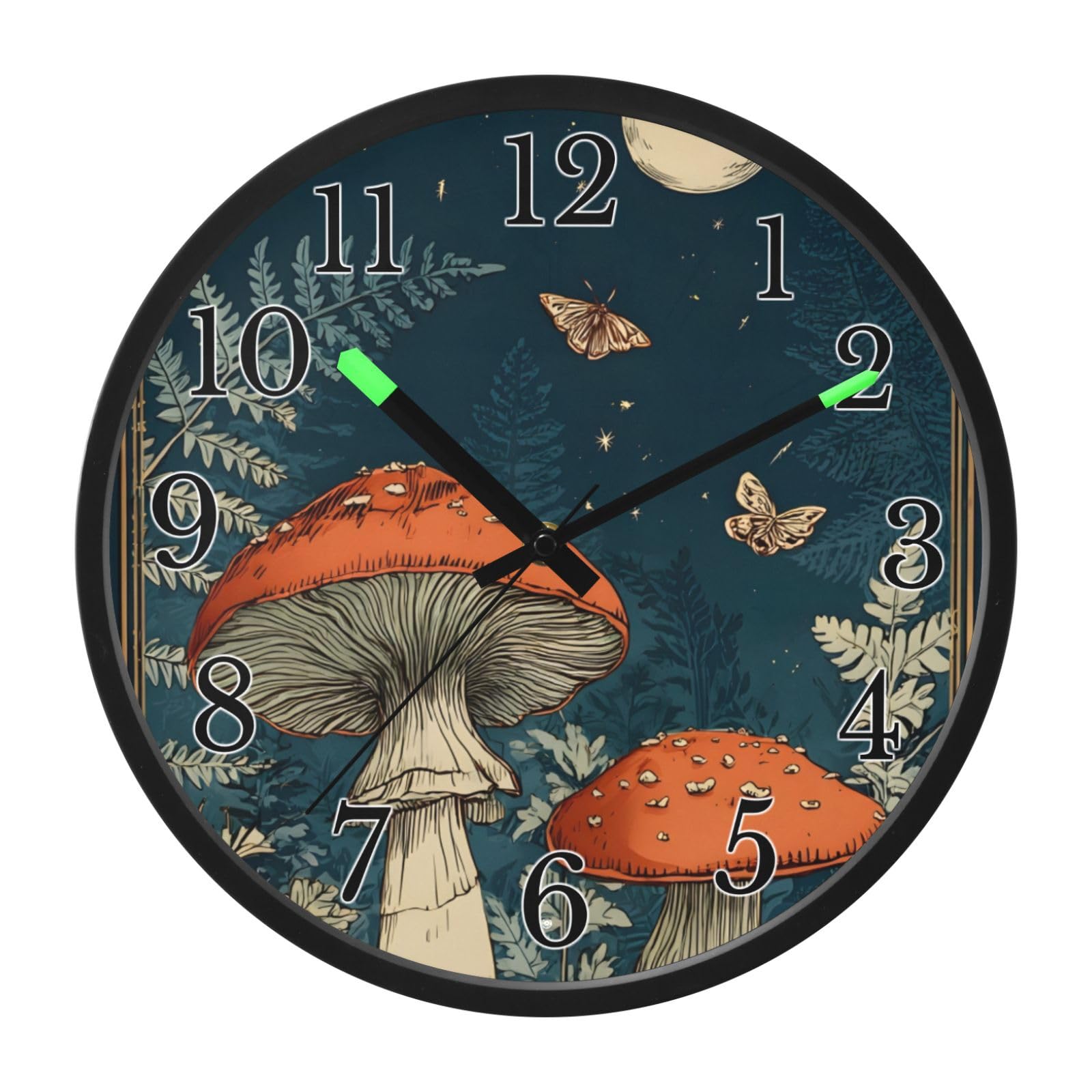 Mnsruu Reloj de pared luminoso con diseño de hongo y luna, funciona con pilas, silencioso, brilla en la oscuridad, para sala de estar, cocina, 30,5 cm