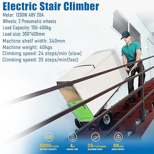 Miniatura 5 de Carrito de mano eléctrico para escaleras, 20 Ah, para mover, capacidad máxima de 880 libras, resistente, escalador de escaleras con mango plegable y