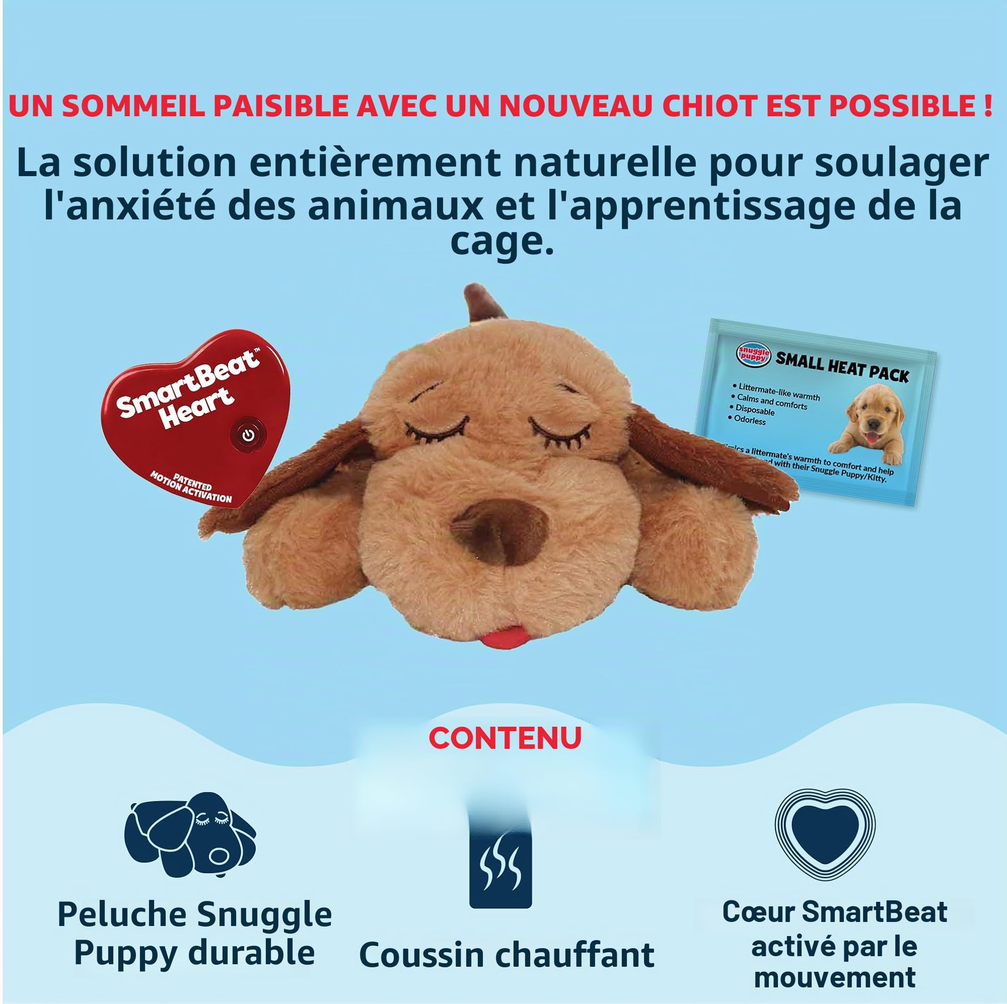 Snuggle Puppy Junior, jouet pour chiot avec battements cardiaques pour races de petite taille, plus petit jouet en peluche pour chien avec pulsation réelle, conçu pour l'utilisation en cage et les