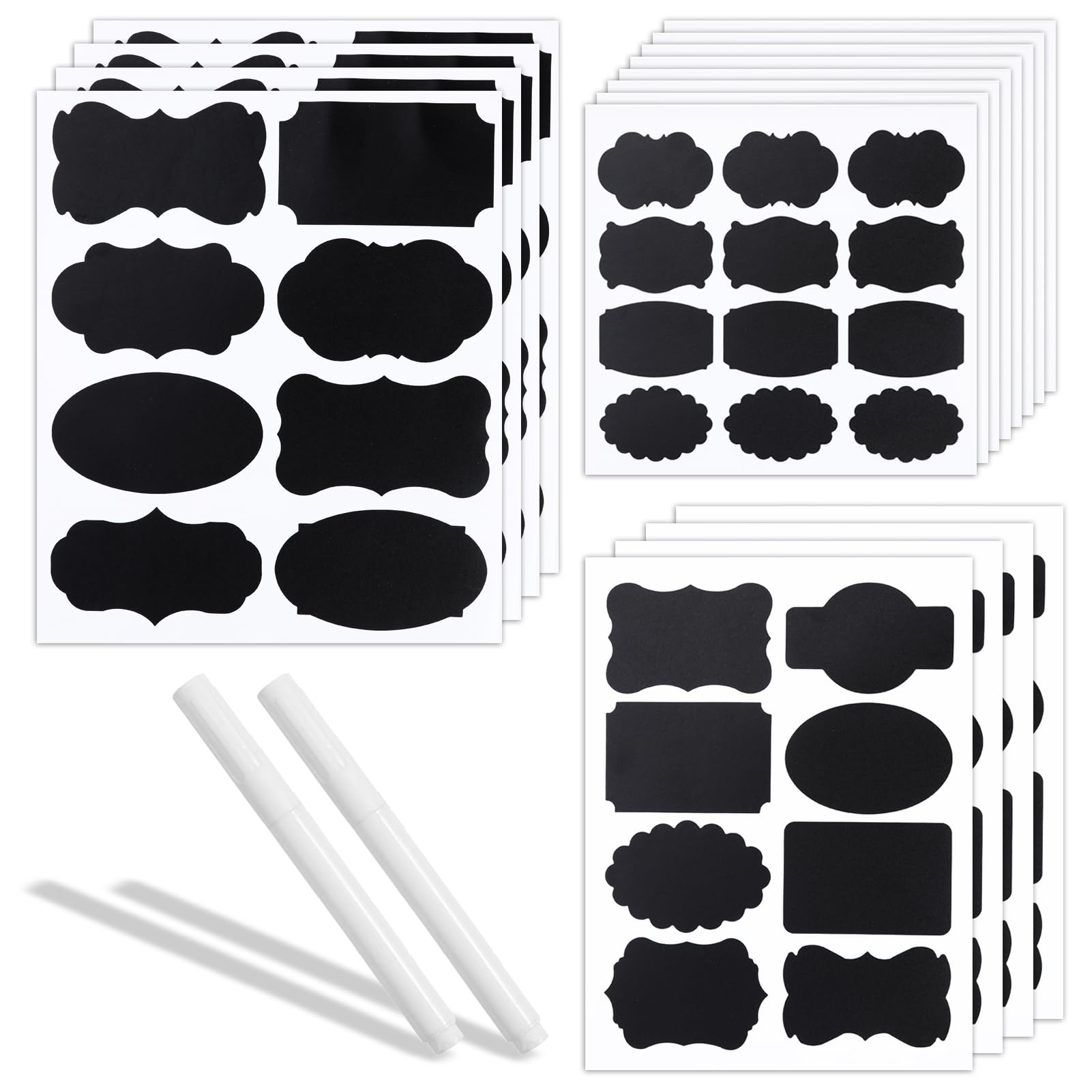 Jam Jar Self-Adhesive Labels, 160pcs Chalk Labels With 2 Pens - Black Pantry Stickers for Spice Containers, 16 Sheets Reusable Kitchen Bottle Blackboard Stickers for Honey, Chutney, Food