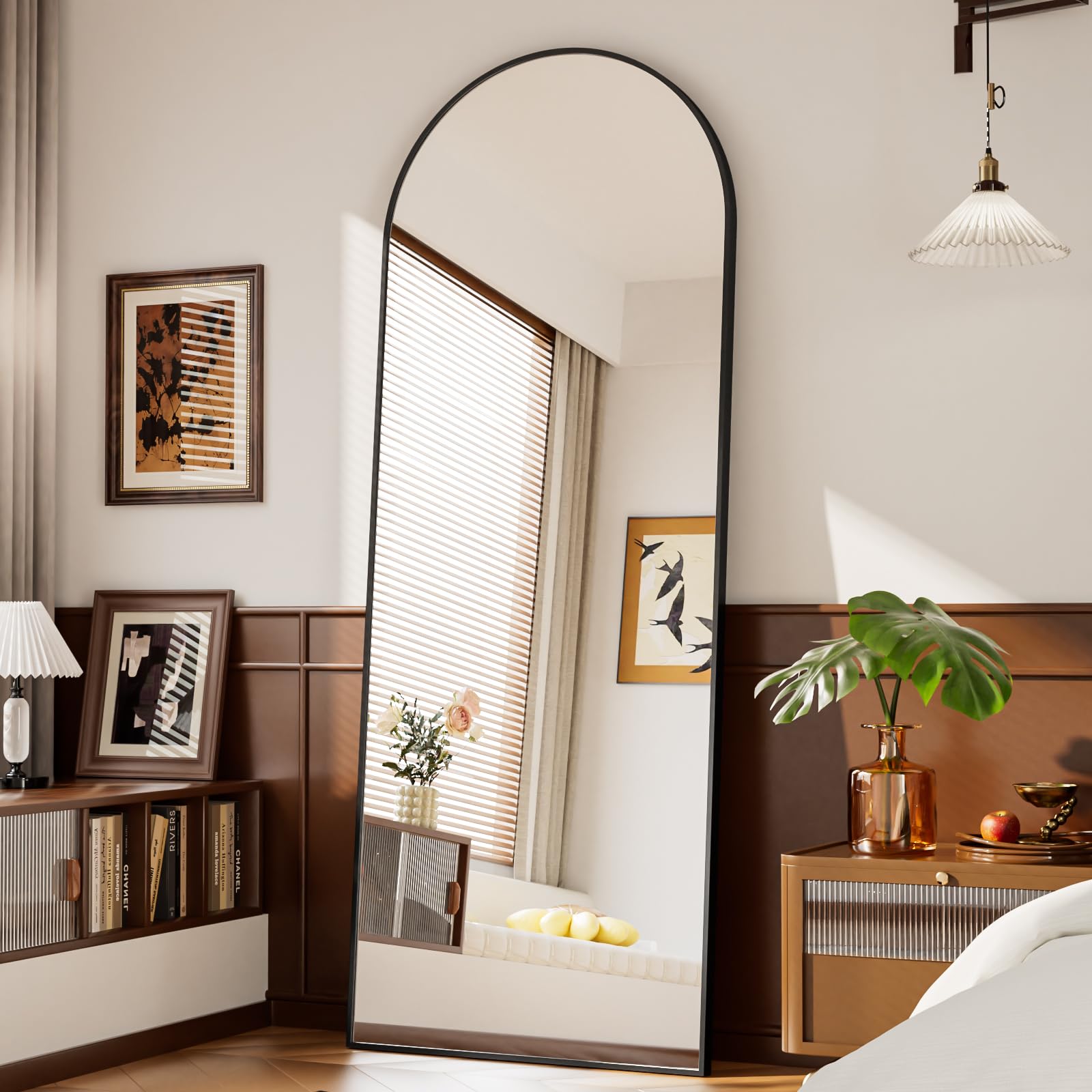 BEAUTYPEAK Full Length Mirror 56"x21", Arched Standing Mirror with Metal Frame, Floor Large Body Mirror for Bedroom, Entry, Bedroom, Living Room, Black