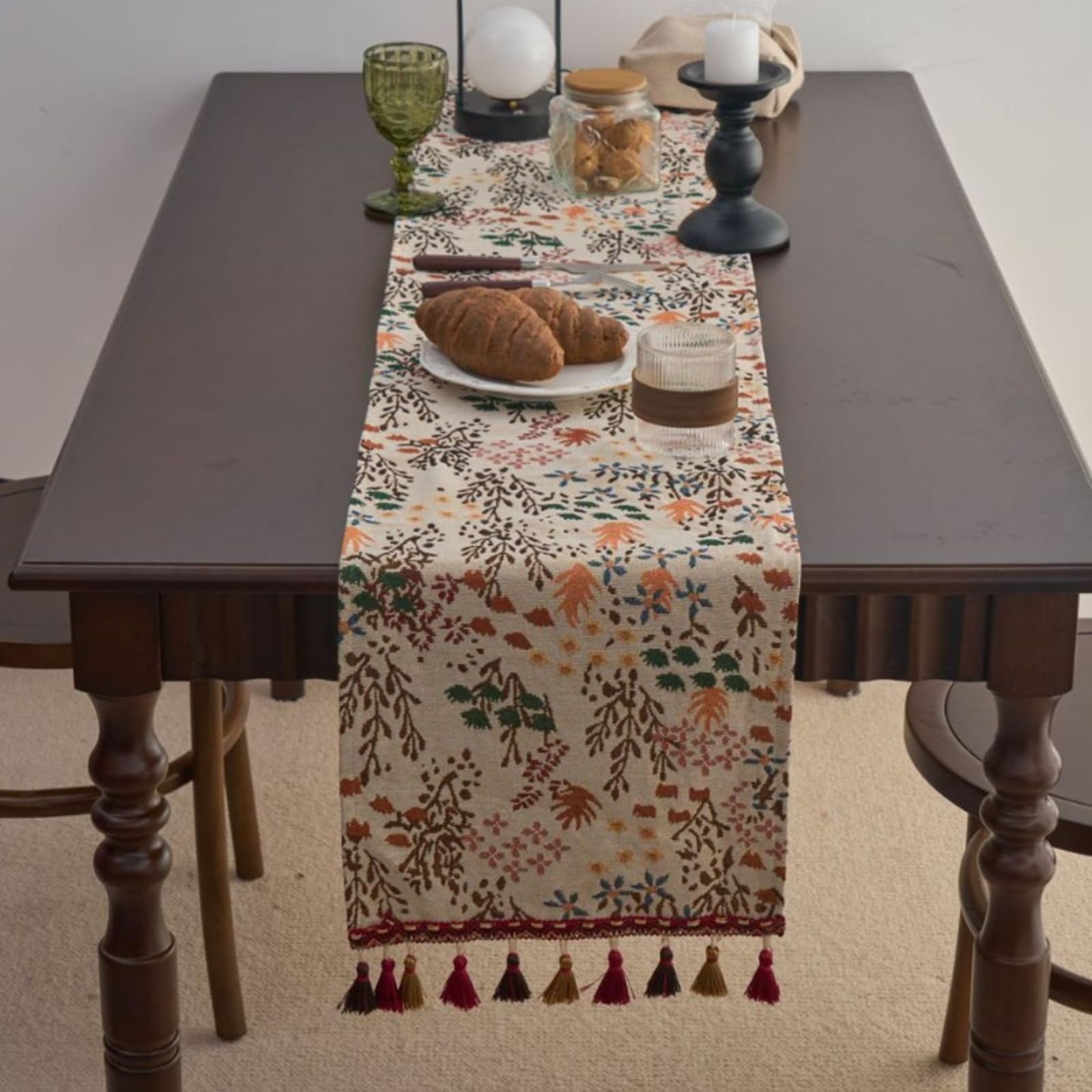 Runner da Tavolo Poliestere Cotone 33x275 cm, Runner da Tavola Moderno Lavabile Motivo Foglie e Alberi D'Acero Jacquard con Nappe per Cucina, Sala da Pranzo, Multicolore