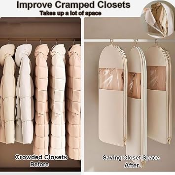 Space Saving Hanging Garment Bag with Self Compression Zipper,Space Saver Closet Organizers,Dust Cover Clothes Bags for Down Coat (Beige, 3Pcs (S+M+L))