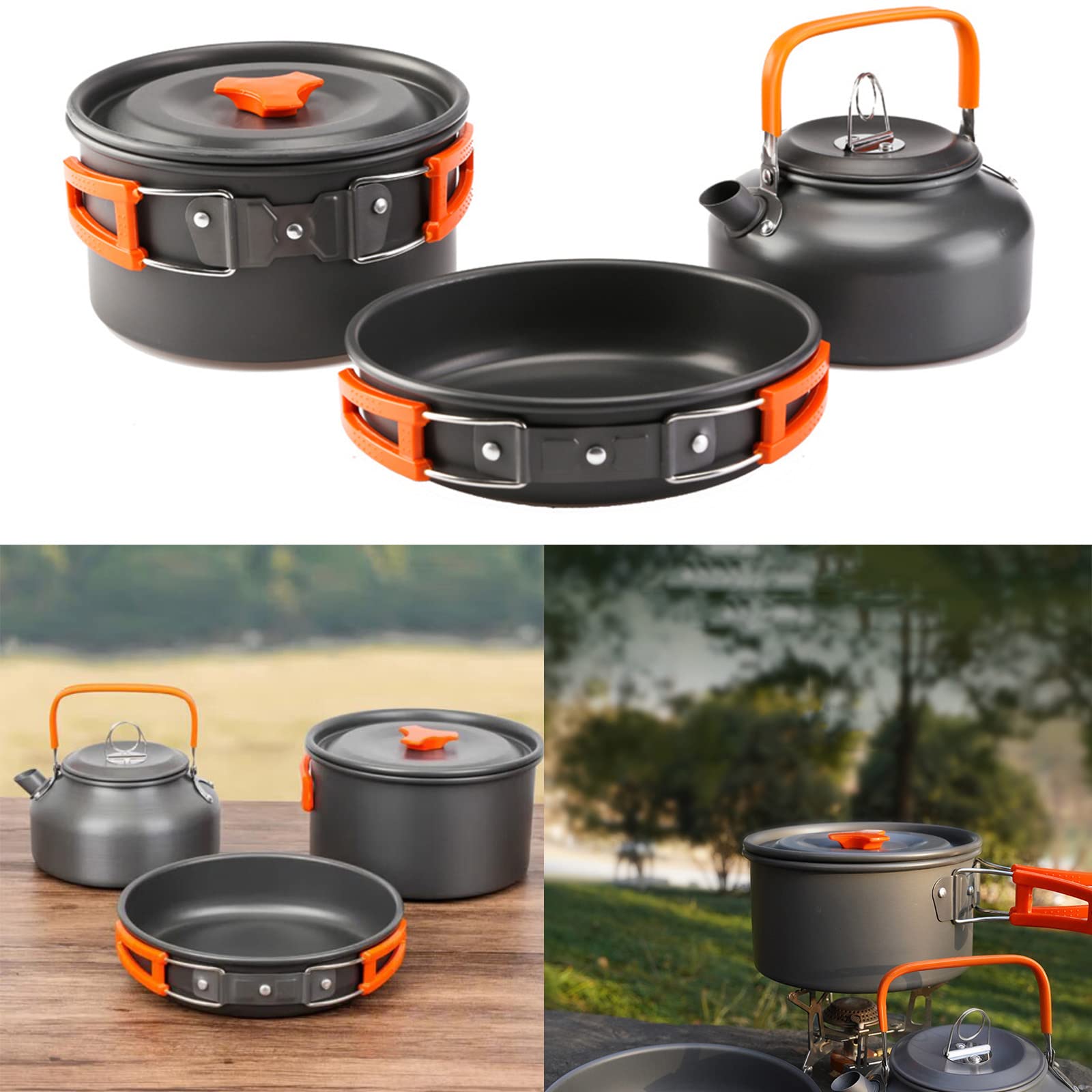 Set de Ollas Camping 2-3 Personas Kit de Utensilios de Cocina de Camping Aluminio Ollas y Sartenes para Acampar 10 PCS Cocina Portátil para Camping Senderismo Acampada al Aire Libre (Naranja)