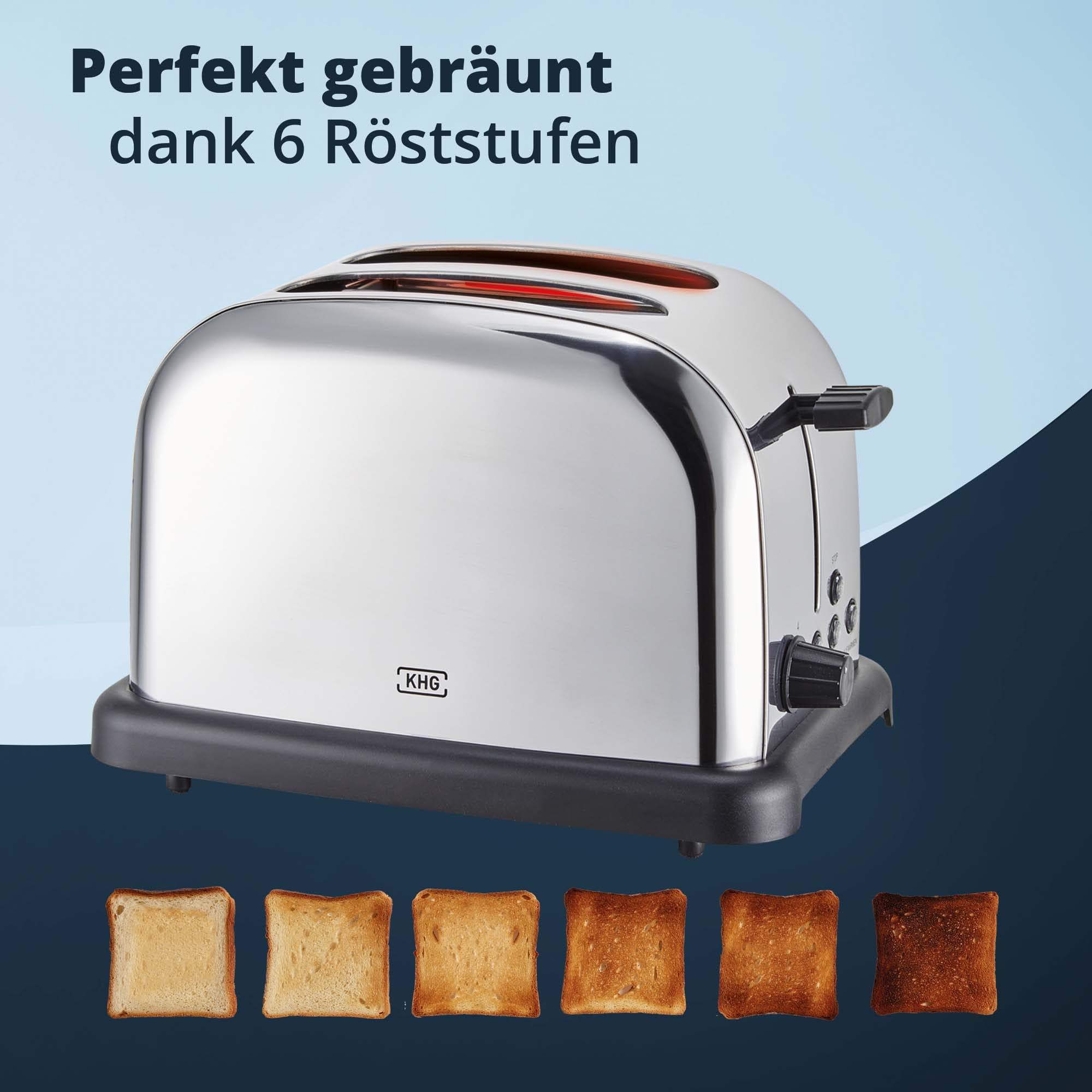 KHG Edelstahl Toaster in Chrom Optik mit Brötchenaufsatz, 2 Scheiben | 6 Bräunungsstufen mit Bräunungskontrolle, Krümelfach | 1000W Leistung | Außengehäuse - Retro Vintage, American Diner Style