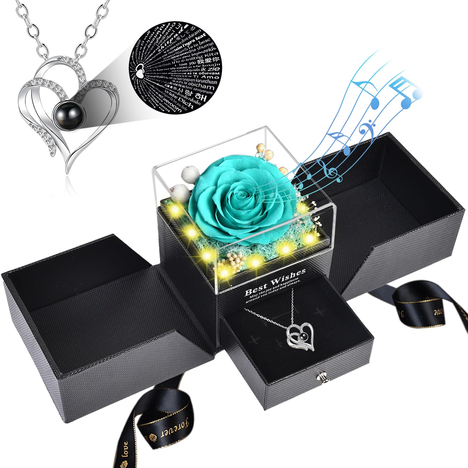 Pasuvsigt Mothers Day Mom Birthday Gifts for Women, Preserved Real Rose with I Love You Heart 100-Language Necklace, LED Lights & Music Box,