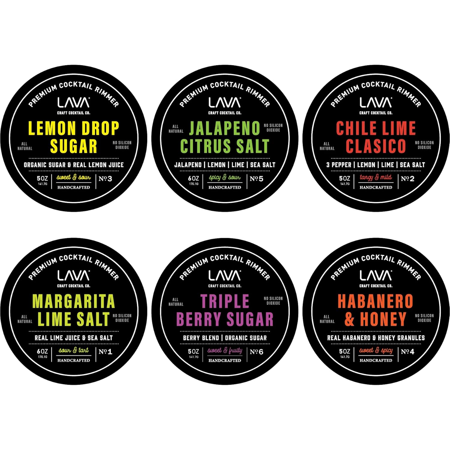6-Pack LAVA Premium Cocktail Rimmers Variety: Jalapeno Citrus Sea Salt 6oz, Lemon Drop Sugar 5oz, Margarita Lime Sea Salt 6oz, Honey Habanero 5oz, Chile Lime Clasico 5oz, Triple Berry Sugar 5oz