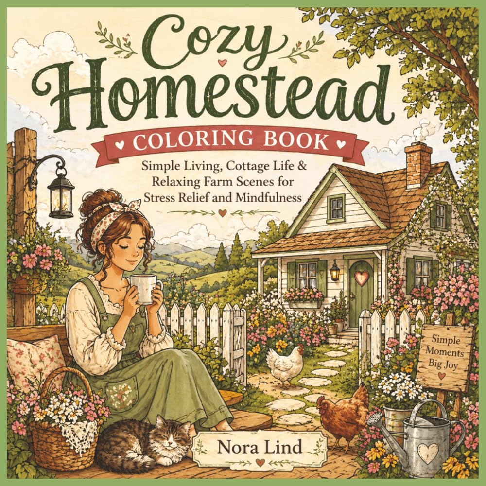 Cozy homestead coloring book: Simple Living, Cottage life & Relaxing Farm Scenes for Stress Relieve and Mindfulness (Cozy homestead and cottage life coloring books)