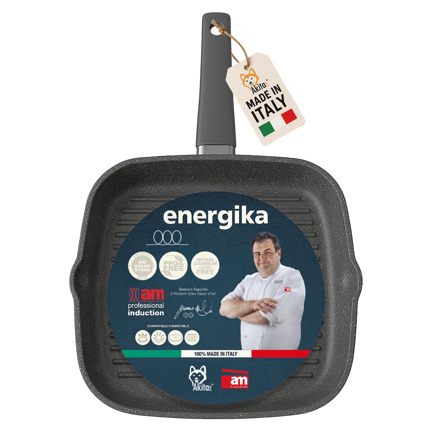 AKITAInk Bistecchiera Energika 28×28 cm Piastra Quadrata in Alluminio Effetto Pietra Antiaderente, Manico Soft Touch, Adatta anche ai Piani a Induzione