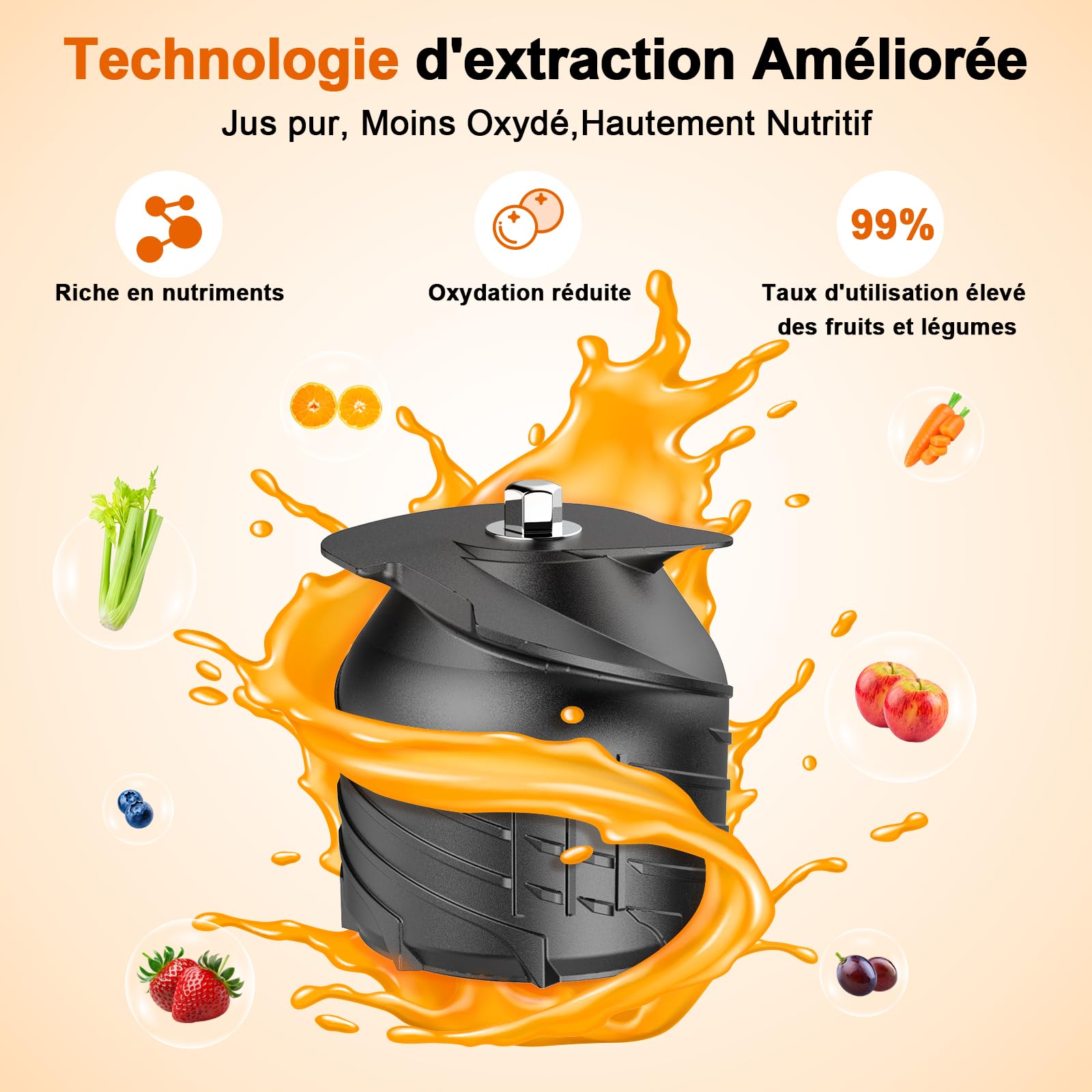 AHJ Extracteur de Jus Lent 135mm, Slow Juicer Presse-agrumes à Froid pour Fruits et Légumes Entiers, Sans BPA