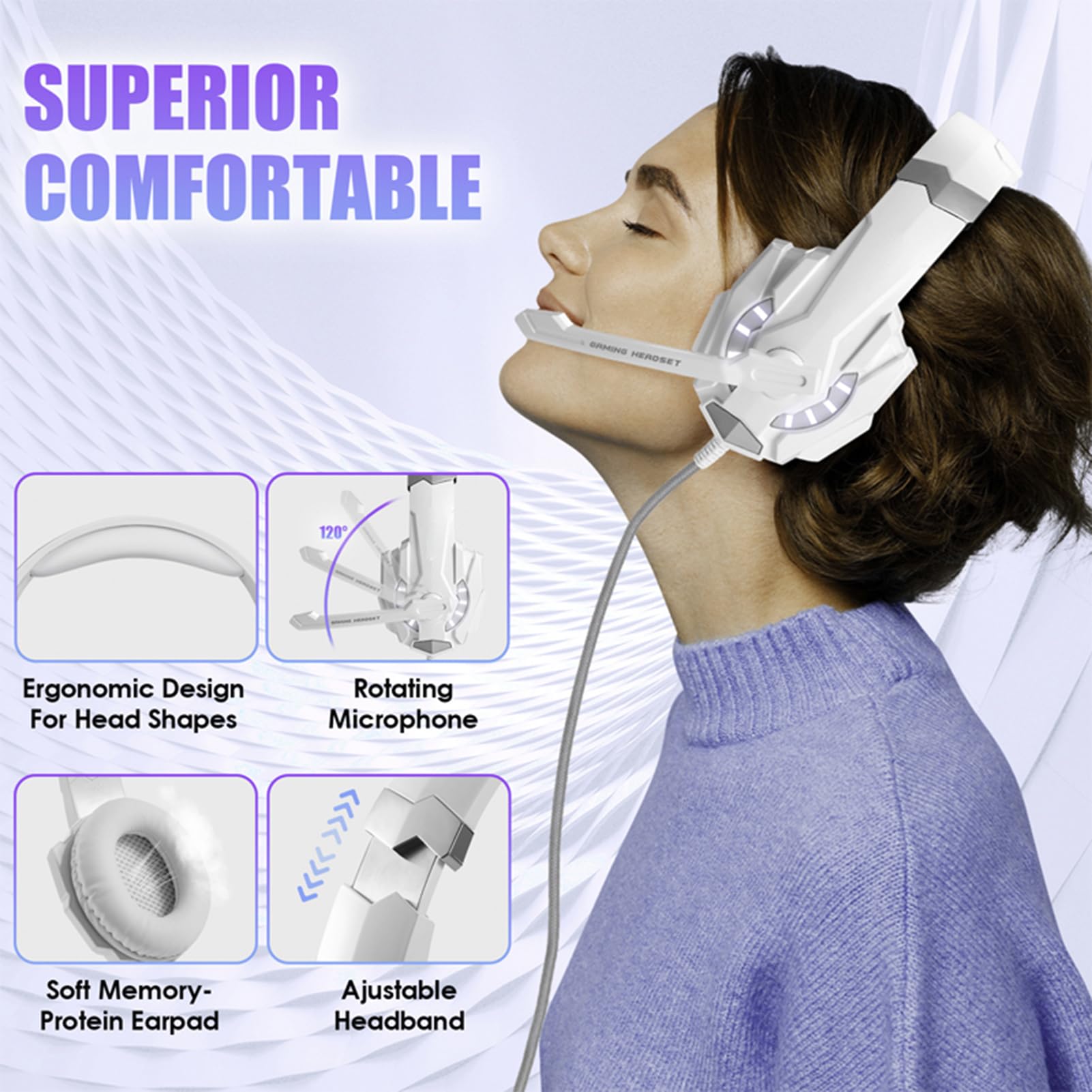 Aoresac Casque de Jeu G9000, avec des Lumières LED, Microphone Clair pour Ordinateur Portable, Tablette, Téléphones Mobiles, PC de Bureau, Console de Jeu, Contrôle du Volume (Blanc)