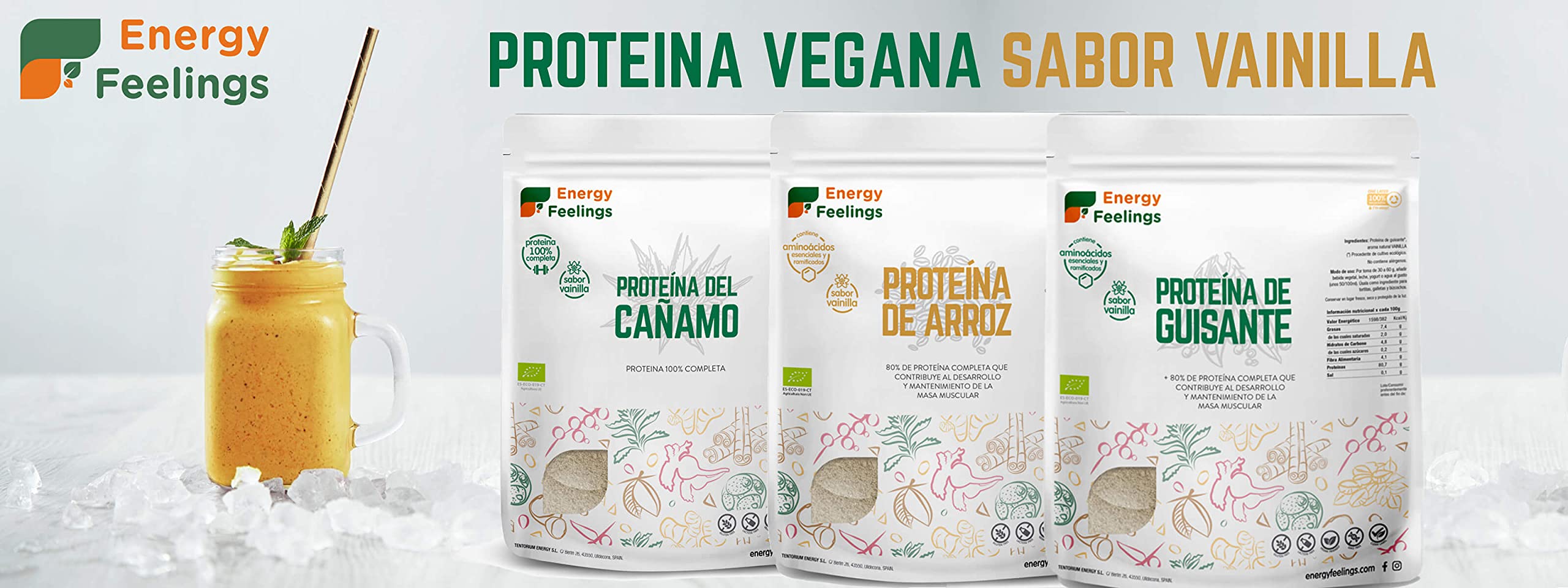 Energy Feelings Proteína de Arroz en Polvo Sabor Vainilla, 80% Proteína Vegana, Ecológica, Sin Gluten, Sin Lactosa, Sin Azúcar Añadido, Apta para Masa Muscular y Control de peso, 1Kg
