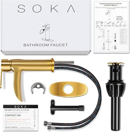 Miniatura 7 de Grifo dorado para lavabo de baño con cascada, grifo de lavabo de un solo orificio con drenaje emergente, grifo moderno para fregadero de tocador