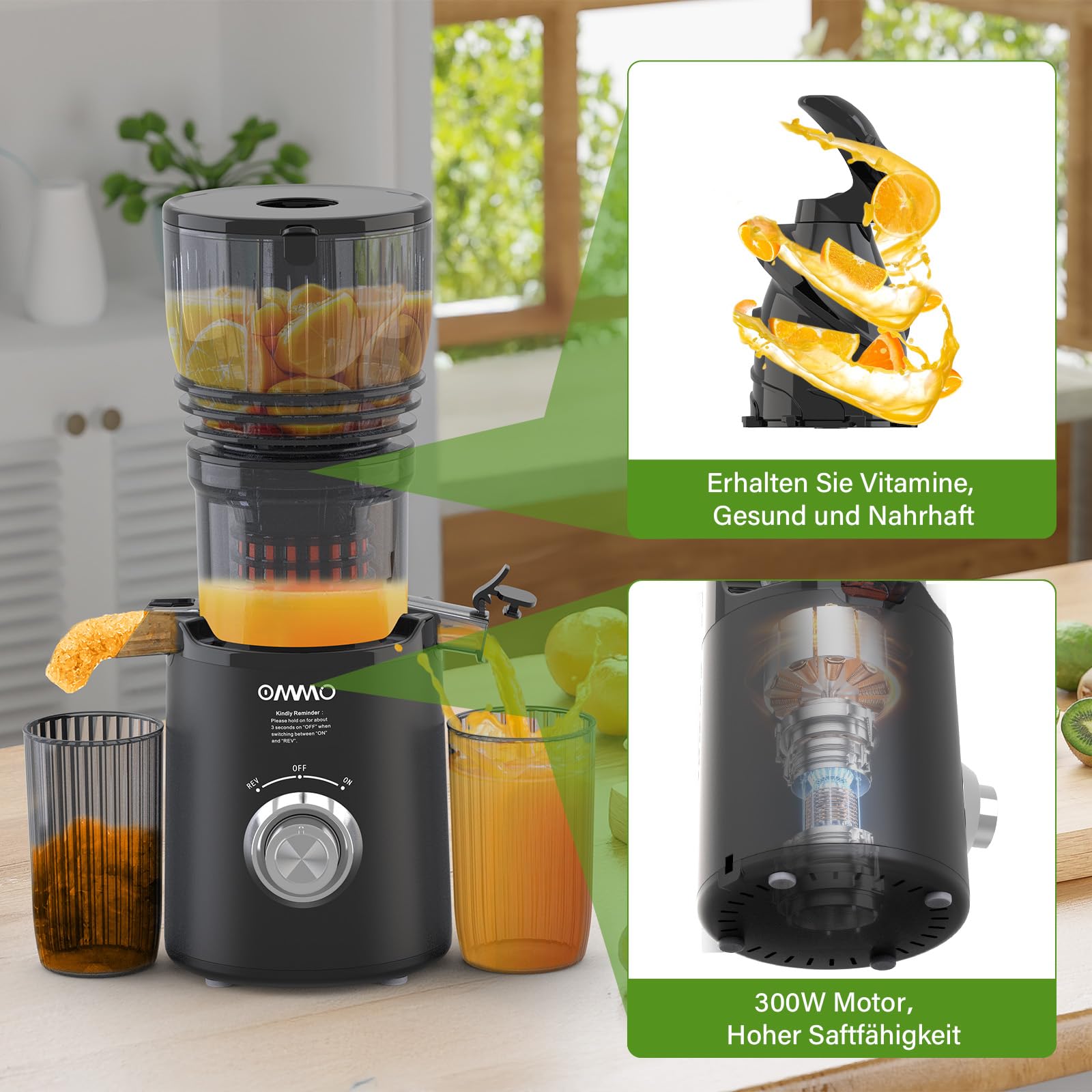 OMMO Extracteur de Jus 300W, Goulotte 148 mm, Machine à Jus électrique, 2 Tasses PC, Sans BPA, Noir