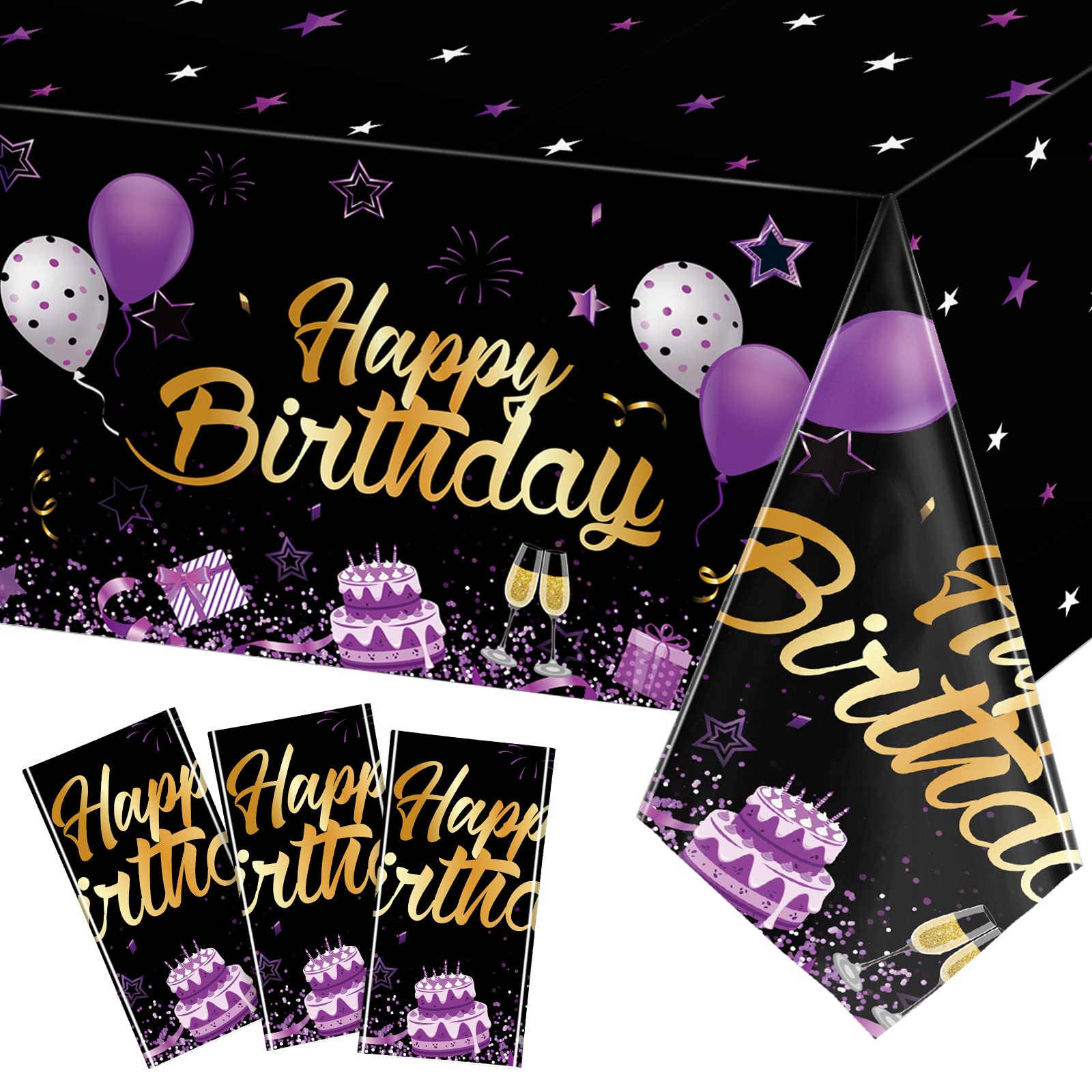 Breling Birthday Party Supplies Confetti Sprinkles Happy Birthday Tablecloths Starry Table Covers for Party Decorations, 54 x 108 Inches(Purple and
