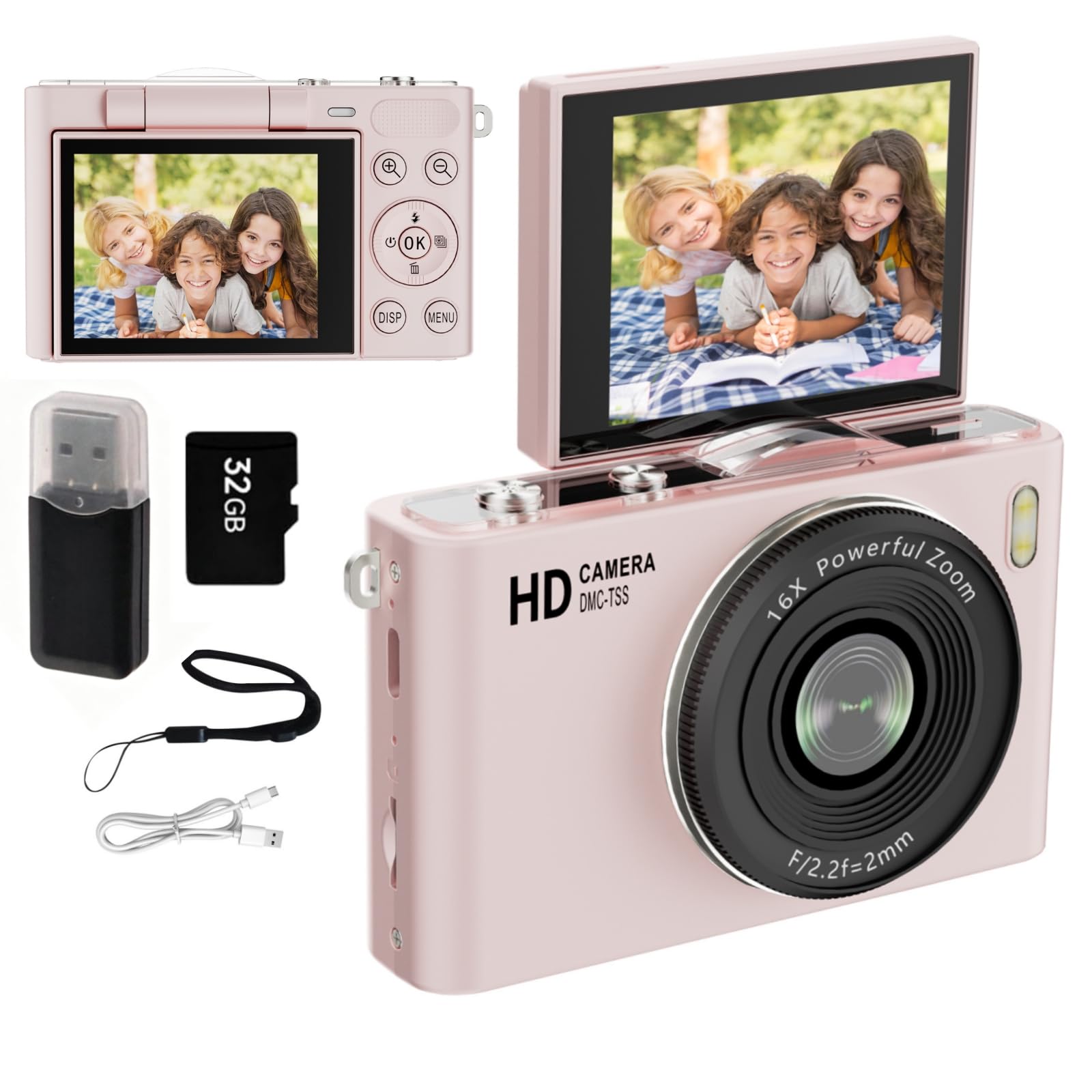 Fotocamera Digitale 4K con Scheda TF da 32 GB, Fotocamera da Viaggio 64 MP, Zoom 16x, Obiettivo Grandangolare 76°, Schermo Pieghevole 180°, Filtri Multipli con