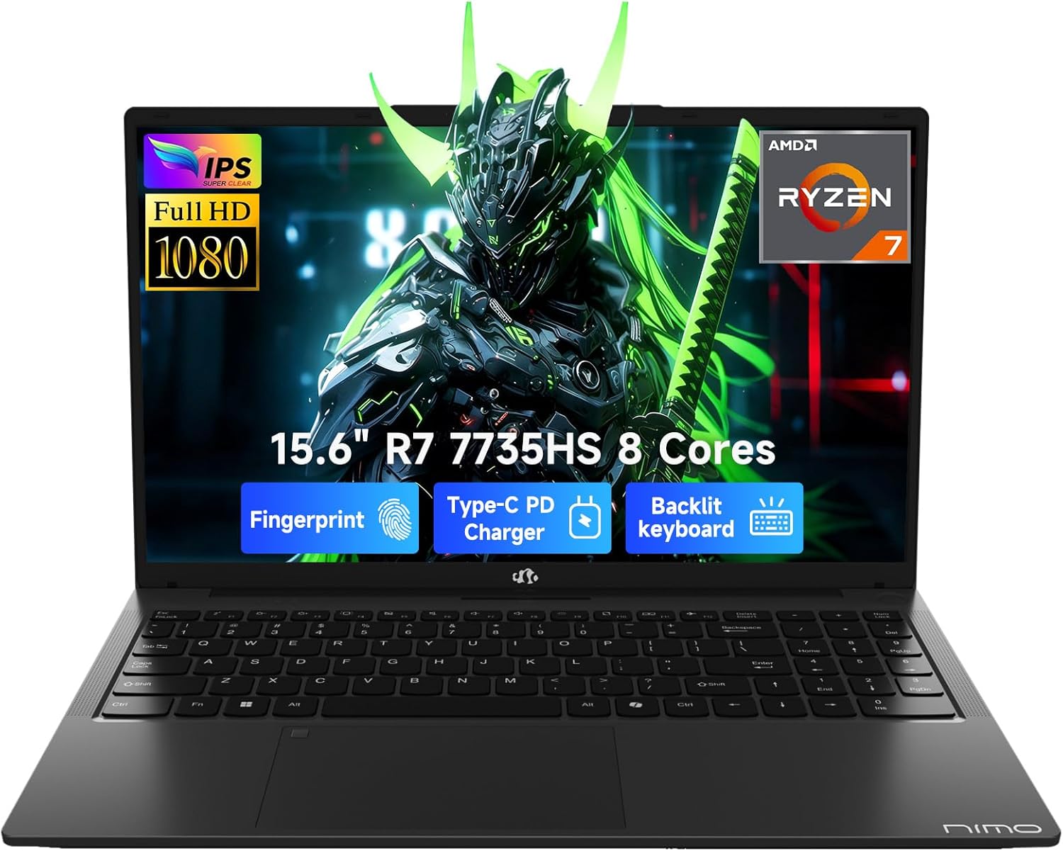 NIMO Gaming Laptop, 15.6" FHD Laptop with AMD R7 7735HS (8 Cores, Up to 4.75GHz), 16GB DDR5 256GB SSD Laptop for Business & Student, Radeon 680M, 100W Type-C, 180° Viewing, Backlit KB, Dual Fans