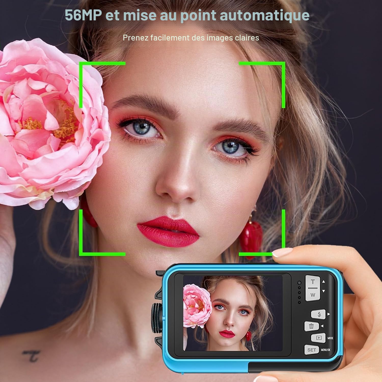 Appareil photo sous-marin 2,7 K - Étanche - Mise au point automatique 56 MP - Avec carte de 32 Go