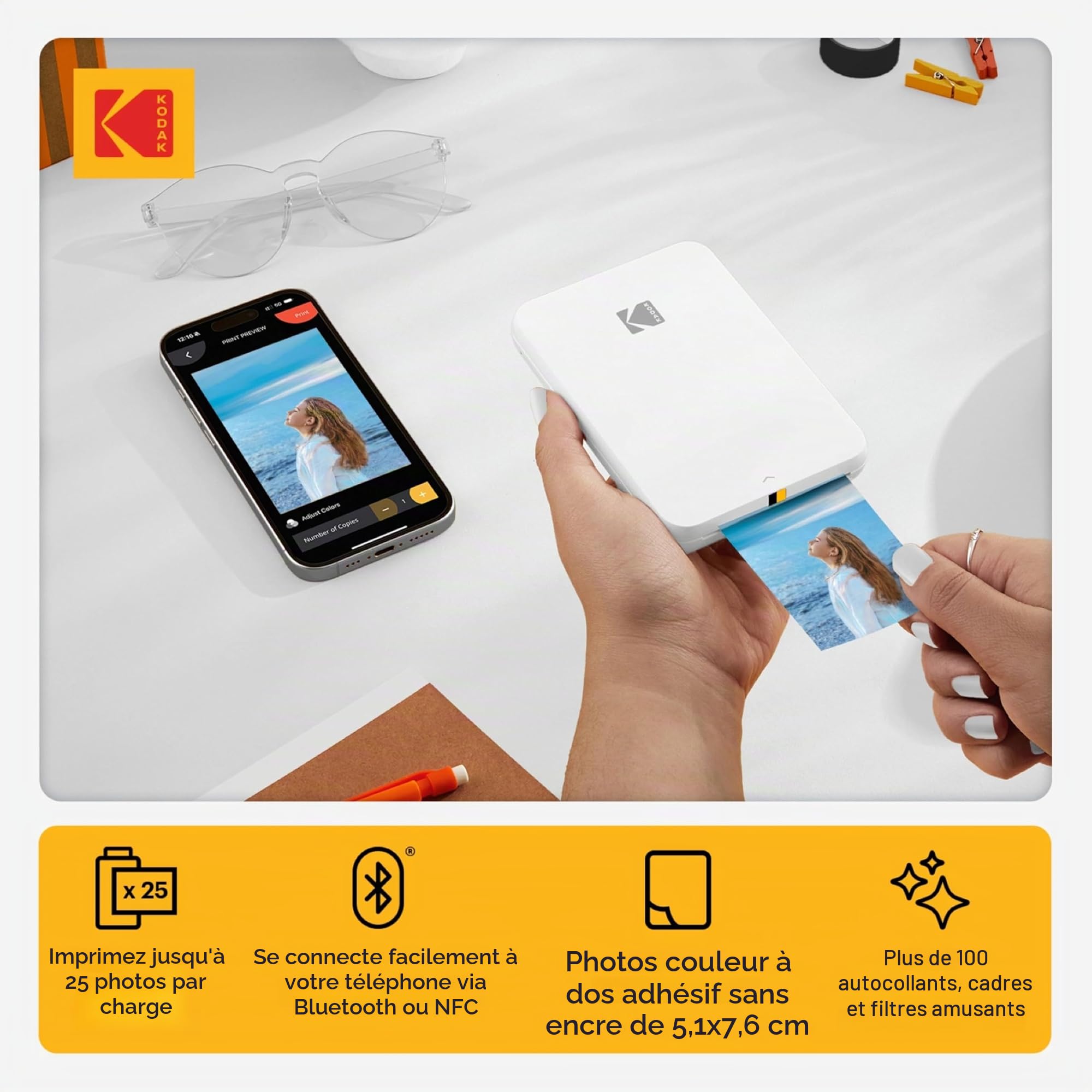 Kodak Step Slim Imprimante Photo Mobile instantanée - Kit : 20 Paquets de Papier Zinc, étui