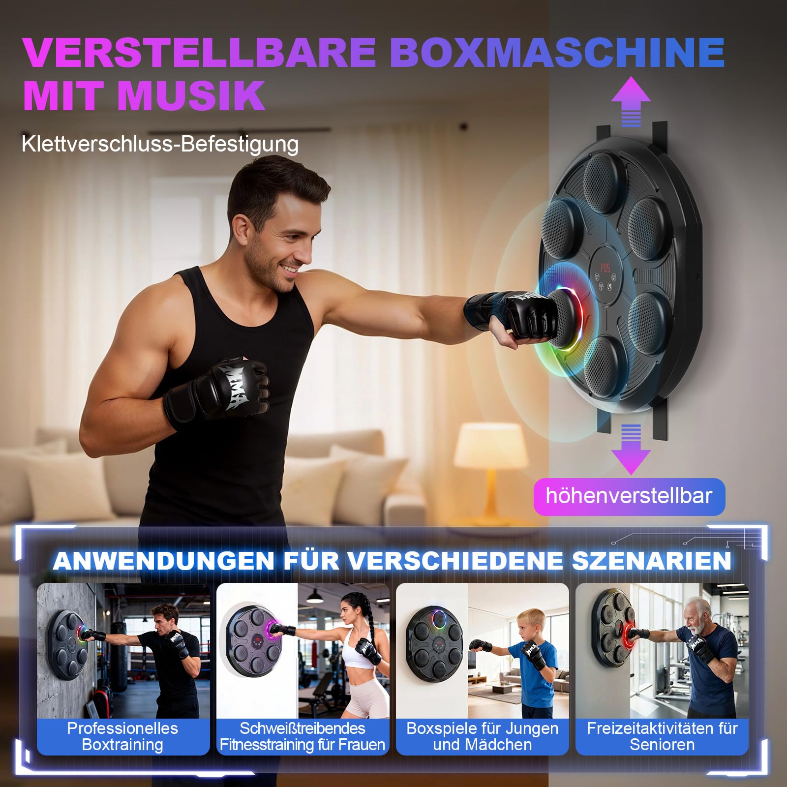Music Boxing Machine mit 12 Geschwindigkeiten & Modi, 1 Paar Boxhandschuhe, Bluetooth, LED-Lichter, Zählmodus, Elektronische Boxmaschine für Erwachsene und Kinder Zuhause, Home Fitness